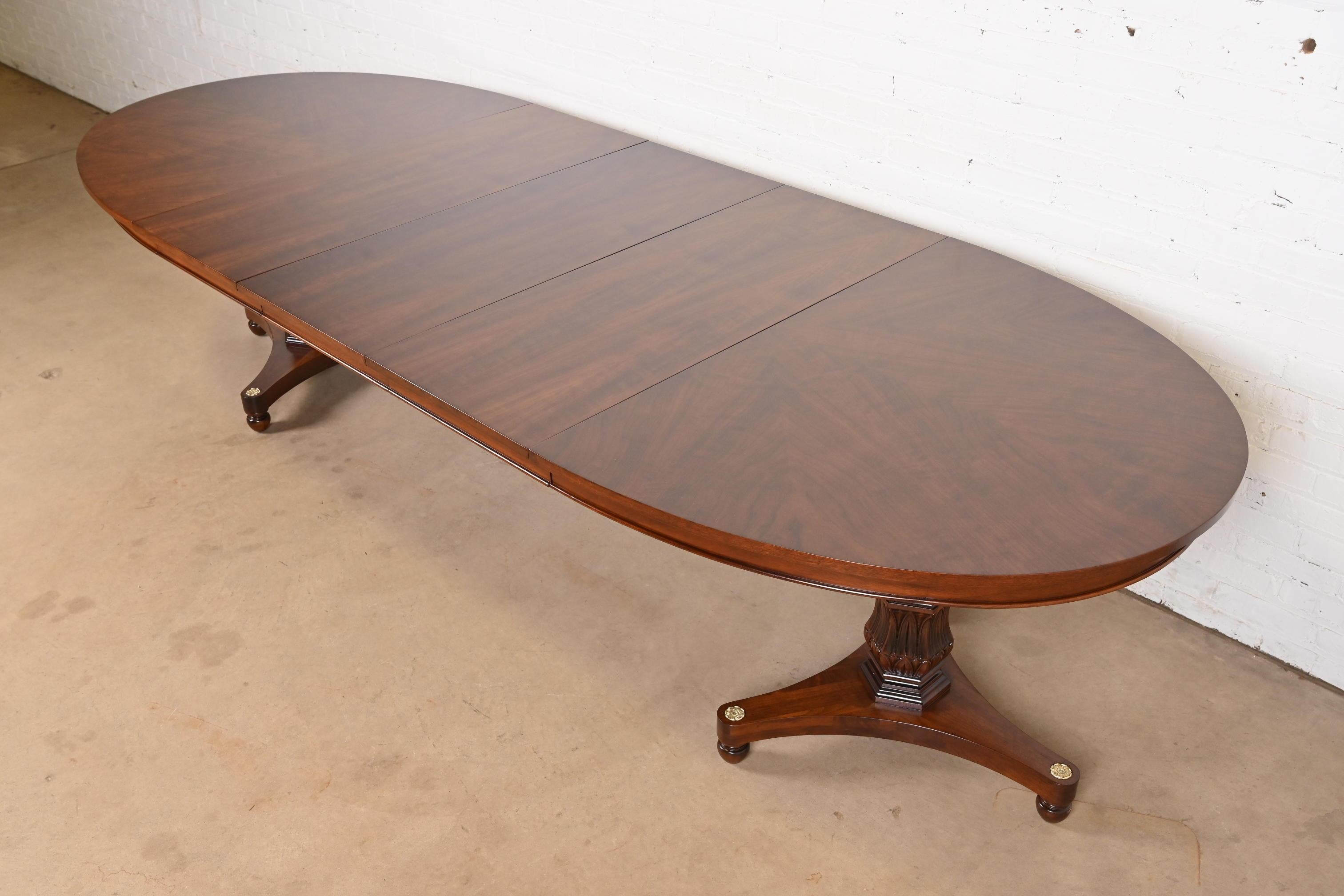 Baker Furniture Style Regency Walnut Double Pedestal Dining Table, Refinished In Good Condition For Sale In South Bend, IN