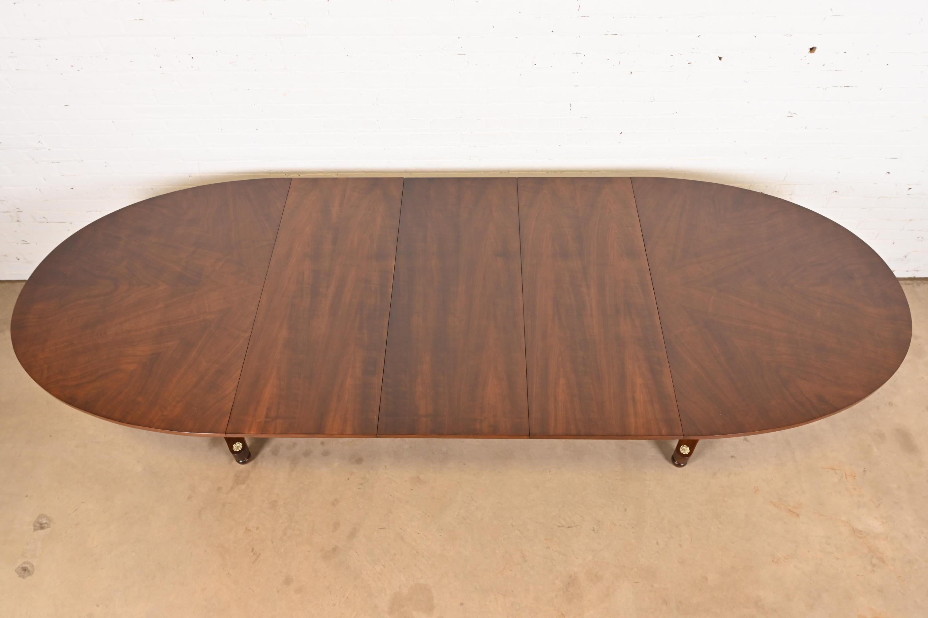 Brass Baker Furniture Style Regency Walnut Double Pedestal Dining Table, Refinished For Sale
