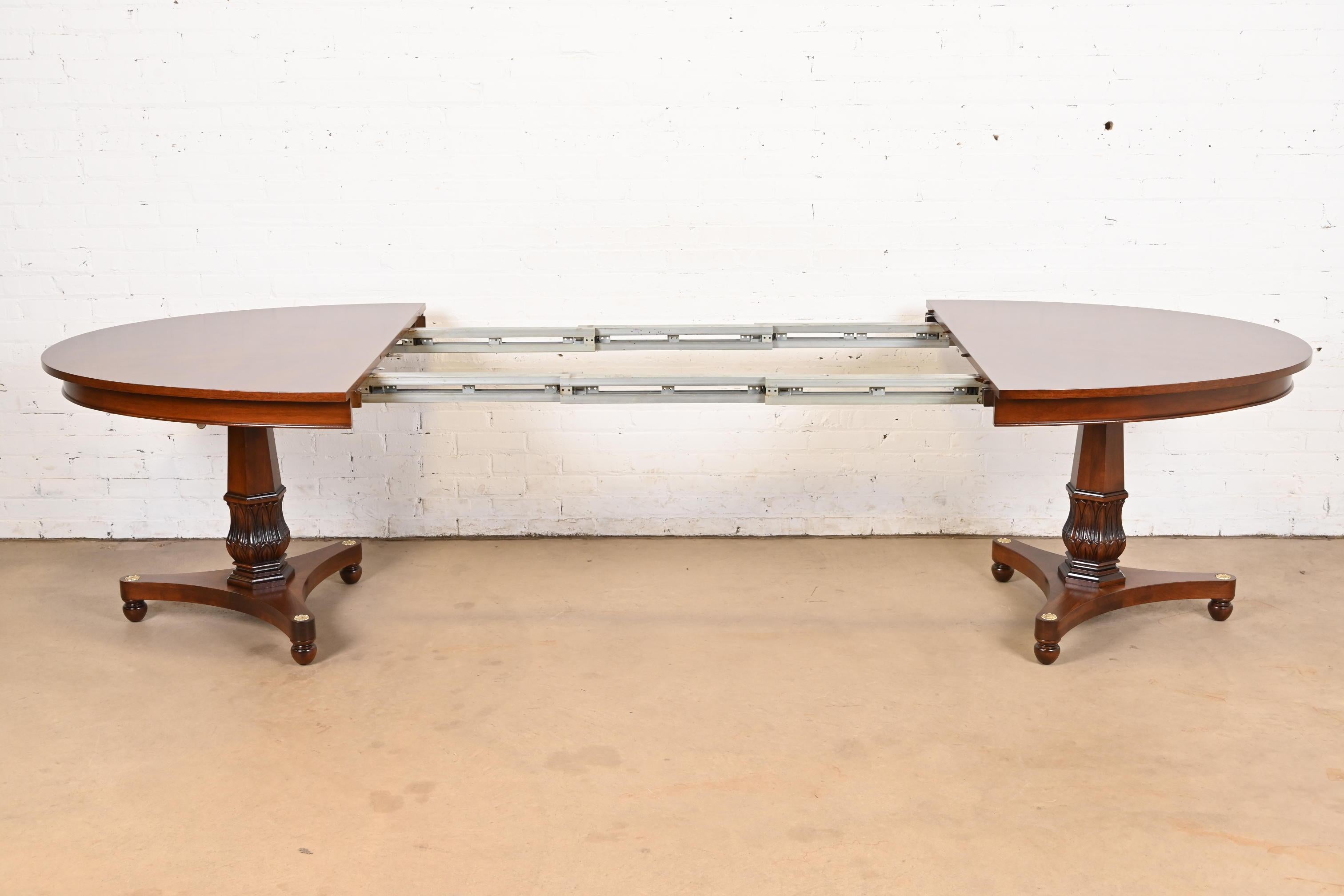Baker Furniture Style Regency Walnut Double Pedestal Dining Table, Refinished For Sale 1
