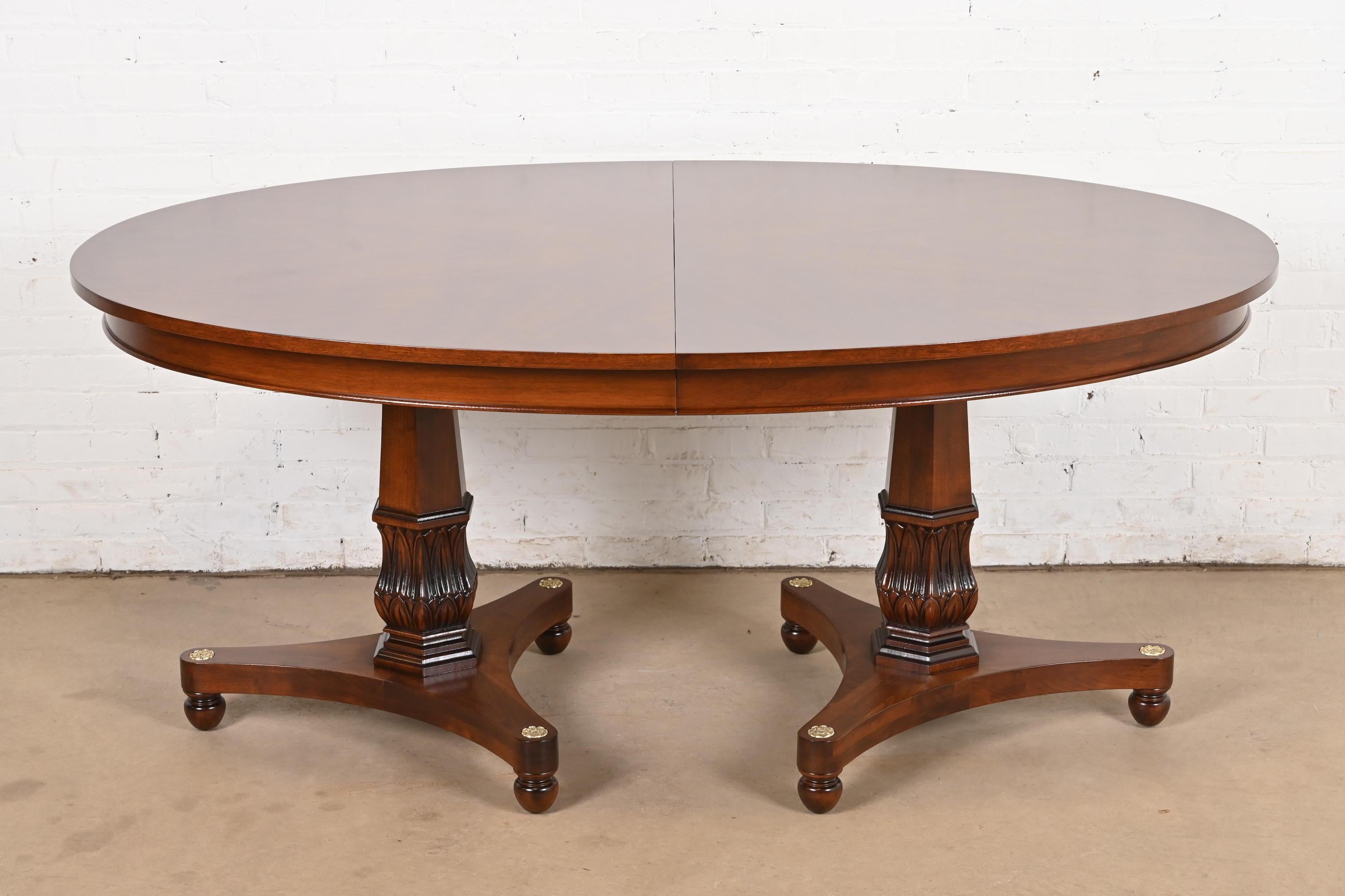 Baker Furniture Style Regency Walnut Double Pedestal Dining Table, Refinished For Sale 2