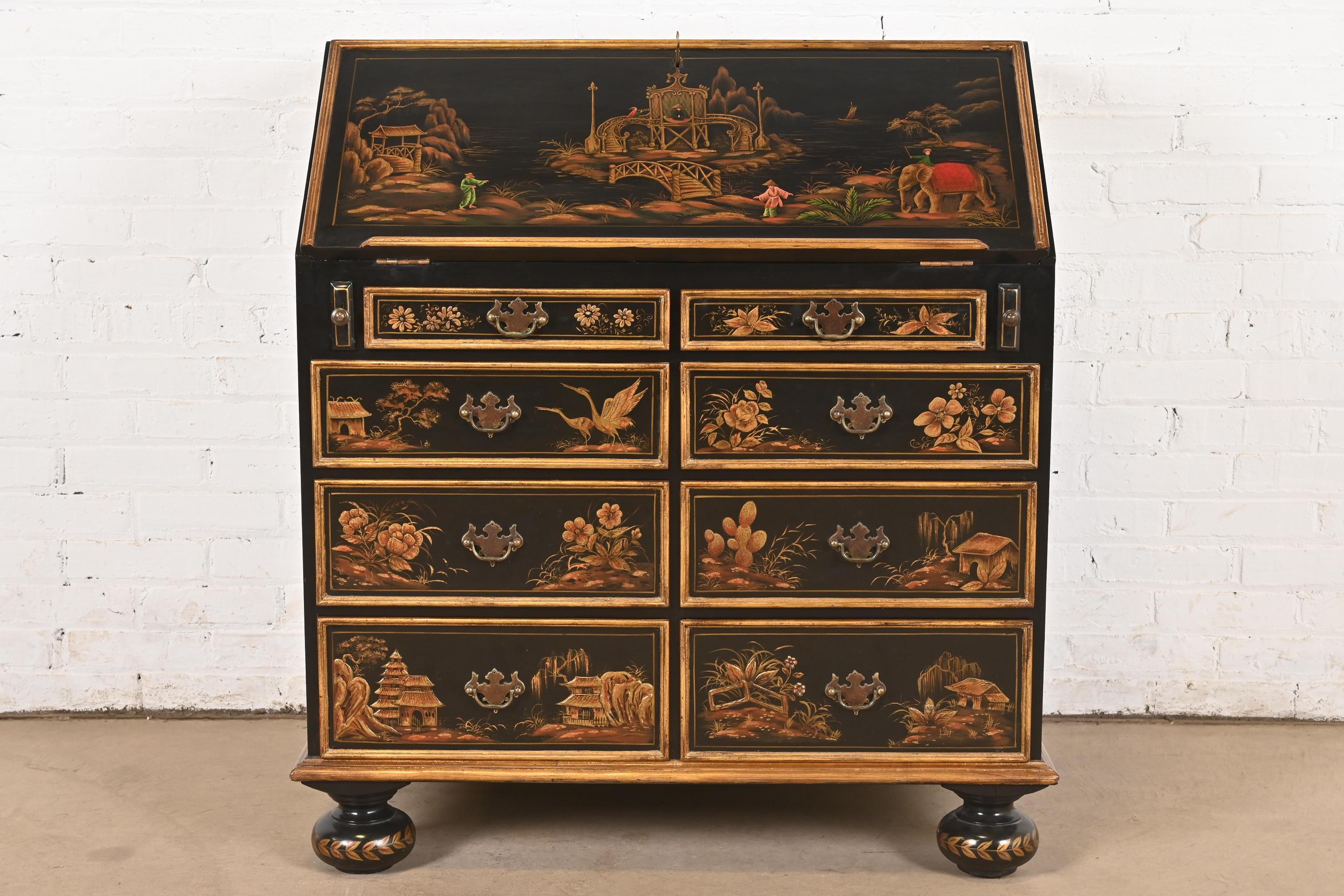 William and Mary Scrivania Baker Furniture in stile William & Mary Chinoiserie laccata di nero
