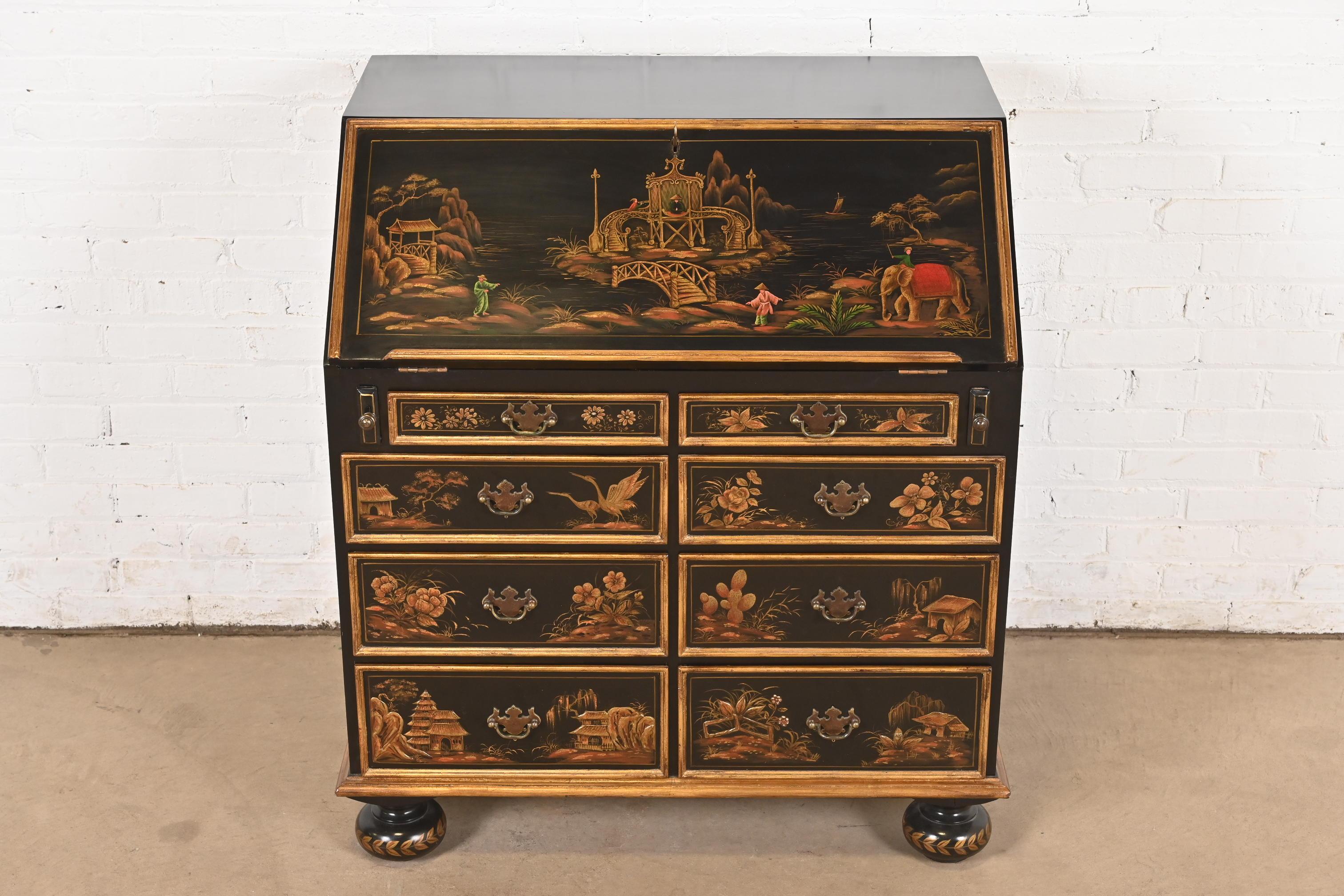 Americano Scrivania Baker Furniture in stile William & Mary Chinoiserie laccata di nero