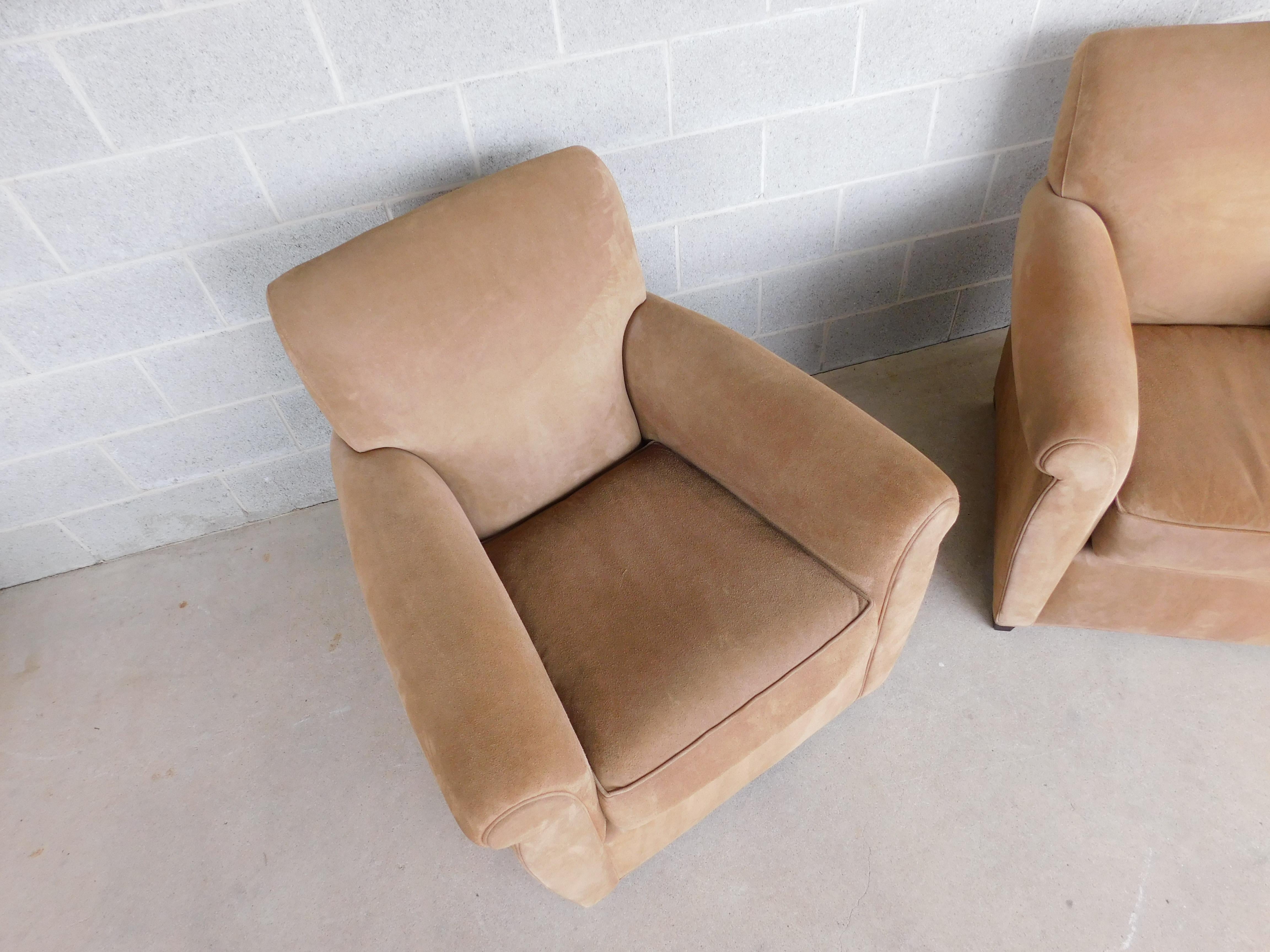 Baker Furniture designed by Coach soft brown mocha tone Suede 

Pair Club Chairs

Very Good Pre Owned Condition, 

Back Height 37.5