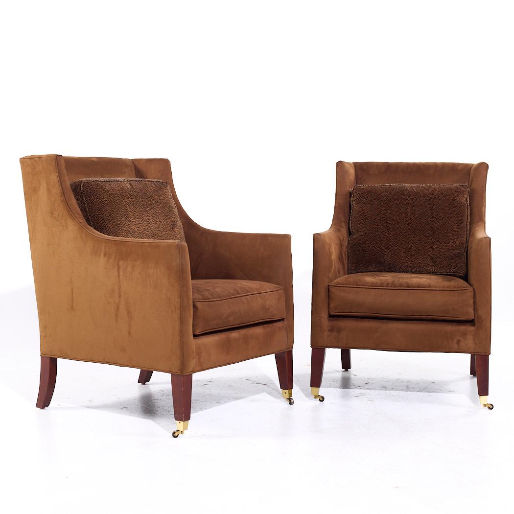 Baker Furniture Suede Wingback Lounge Chairs - Pair

Each chair measures: 29 wide x 35 deep x 40.25 inches high, with a seat height of 20 and arm height/chair clearance of 27.75 inches

We take our photos in a controlled lighting studio to show as