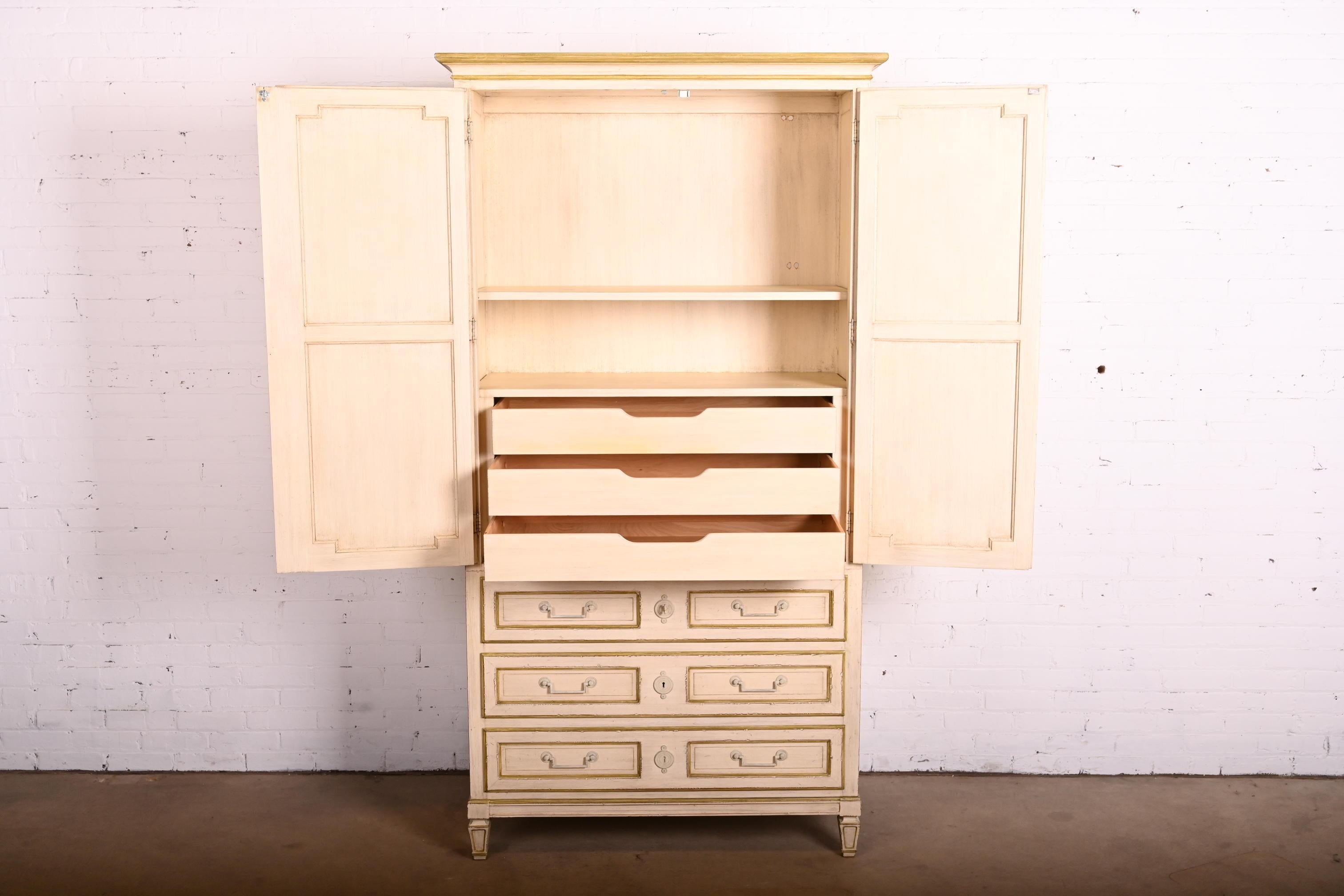 Baker Furniture Swedish Gustavian Cream Painted Armoire Dresser In Good Condition In South Bend, IN