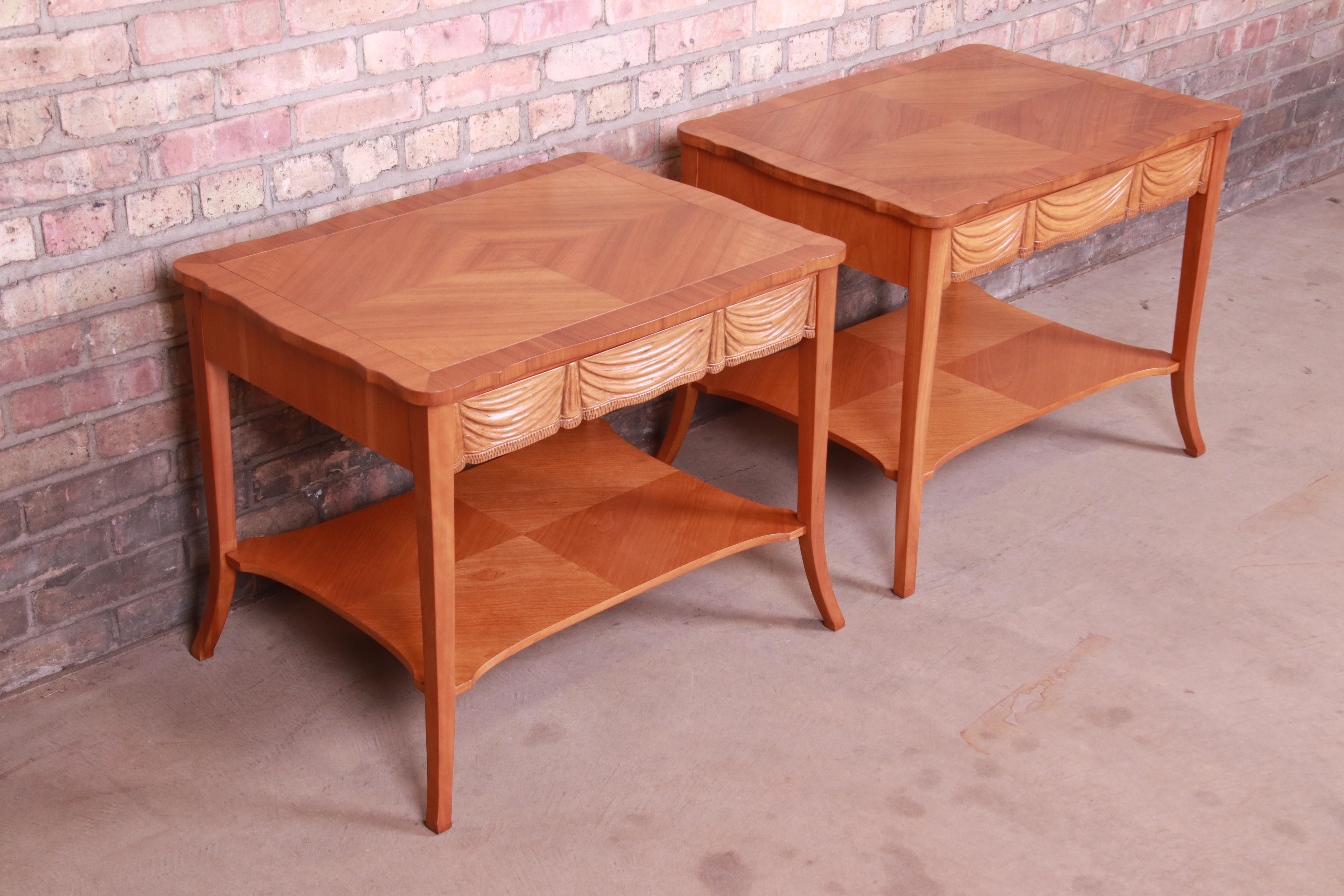 Baker Furniture Trompe L'Oeil Draped Front Cherry Wood Bedside Tables, Pair In Good Condition In South Bend, IN