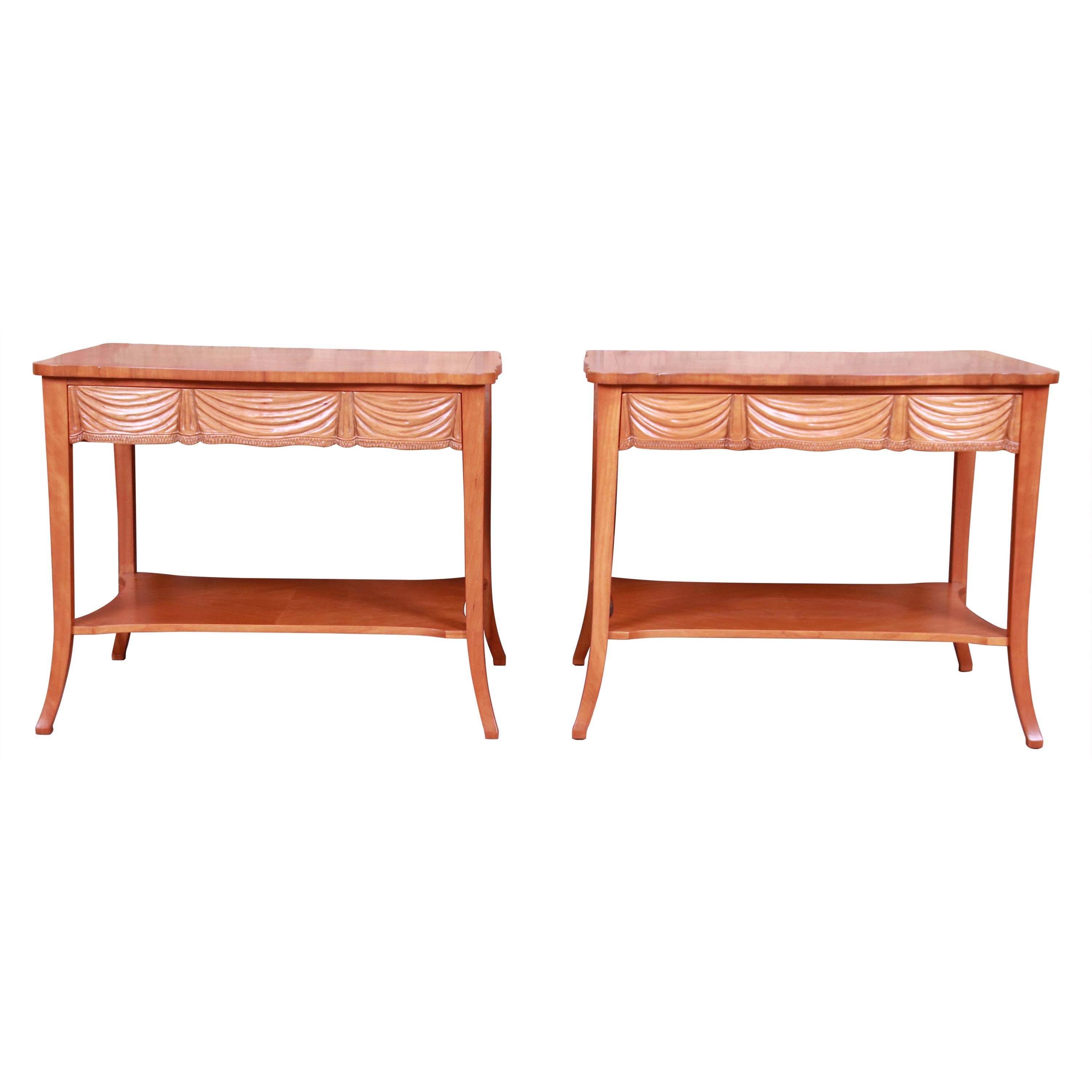 Baker Furniture Trompe L'Oeil Draped Front Cherry Wood Bedside Tables, Pair