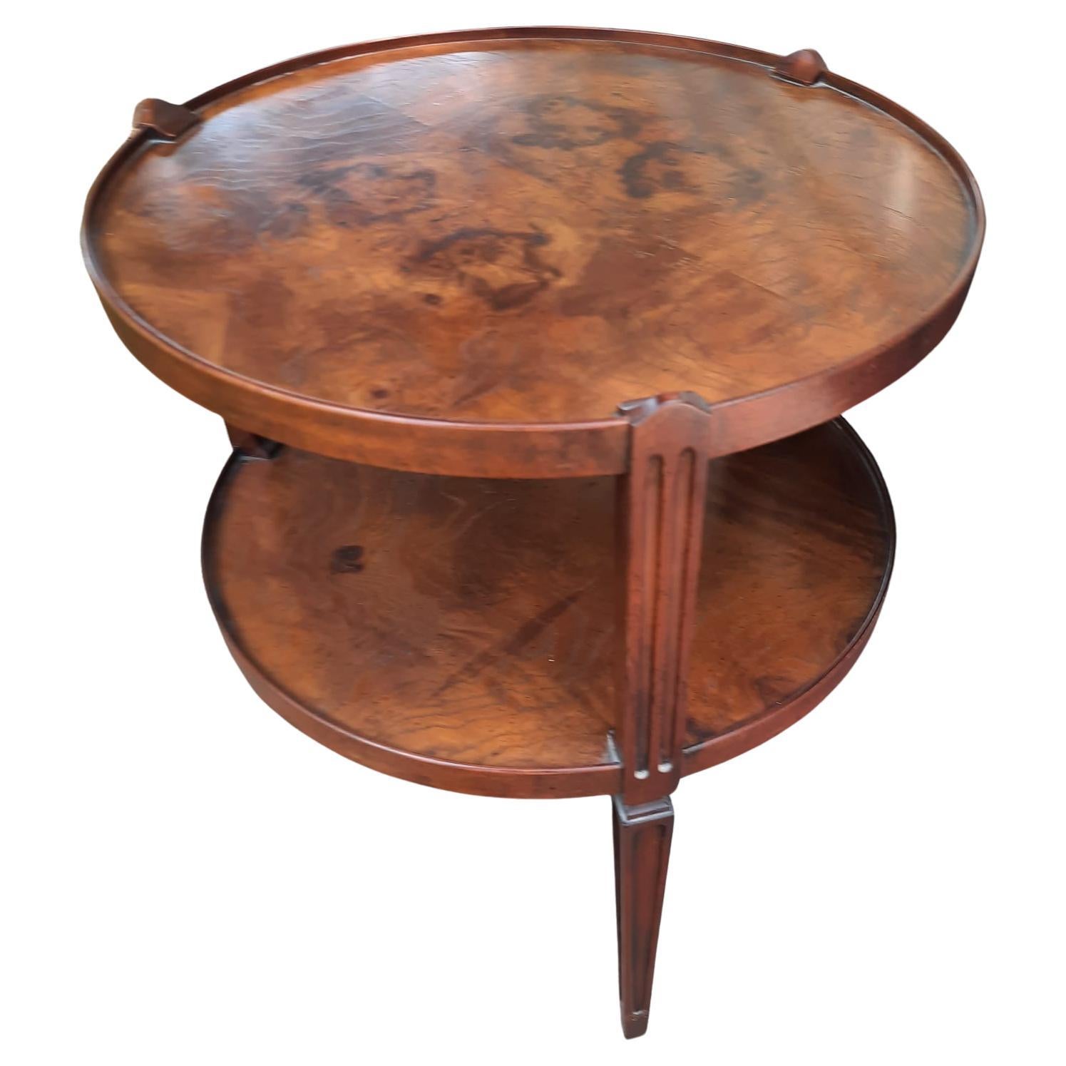 A pair of Baker Furniture Two-Tier Burled Walnut Round Side Tables, Circa 1960s. Good vintage condition. Measures 16.25