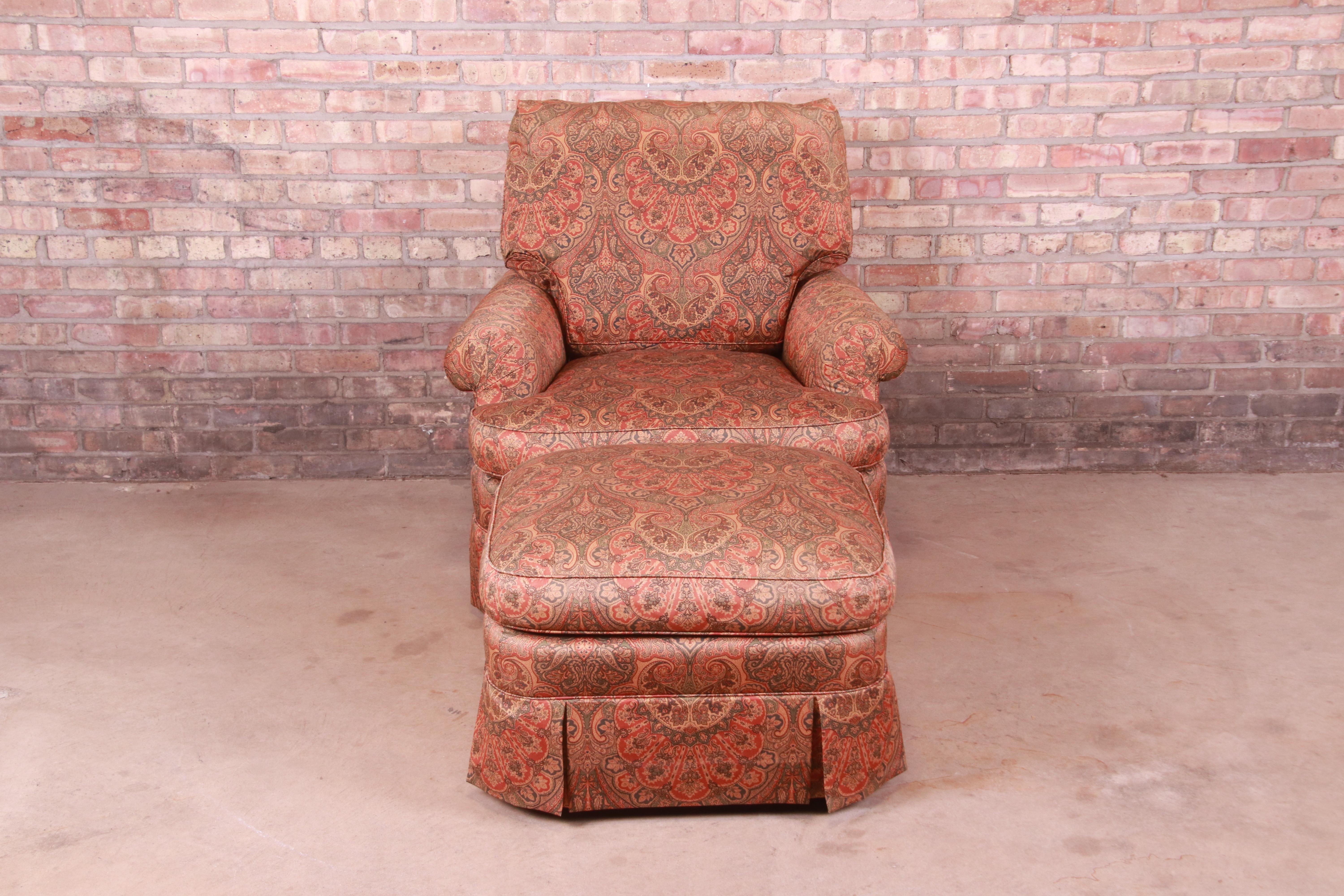 A gorgeous upholstered club chair or lounge chair with ottoman

By Baker Furniture

USA, Circa 1980s

Measures:
Chair - 38