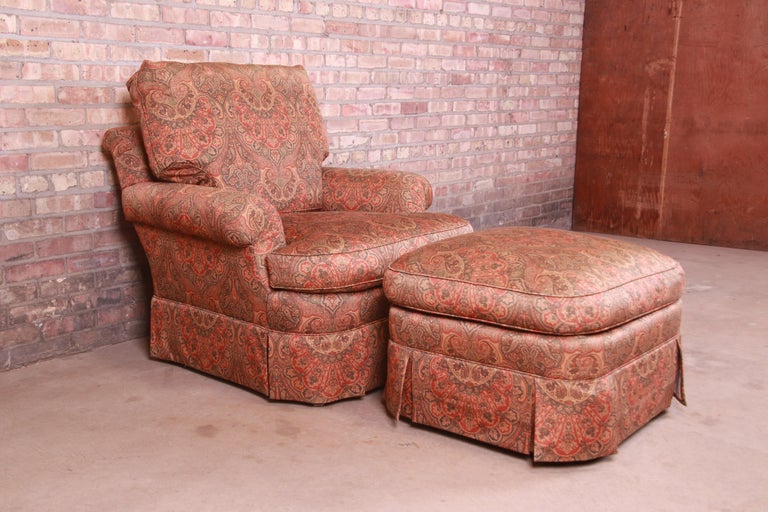 Upholstery Baker Furniture Upholstered Lounge Chair and Ottoman For Sale