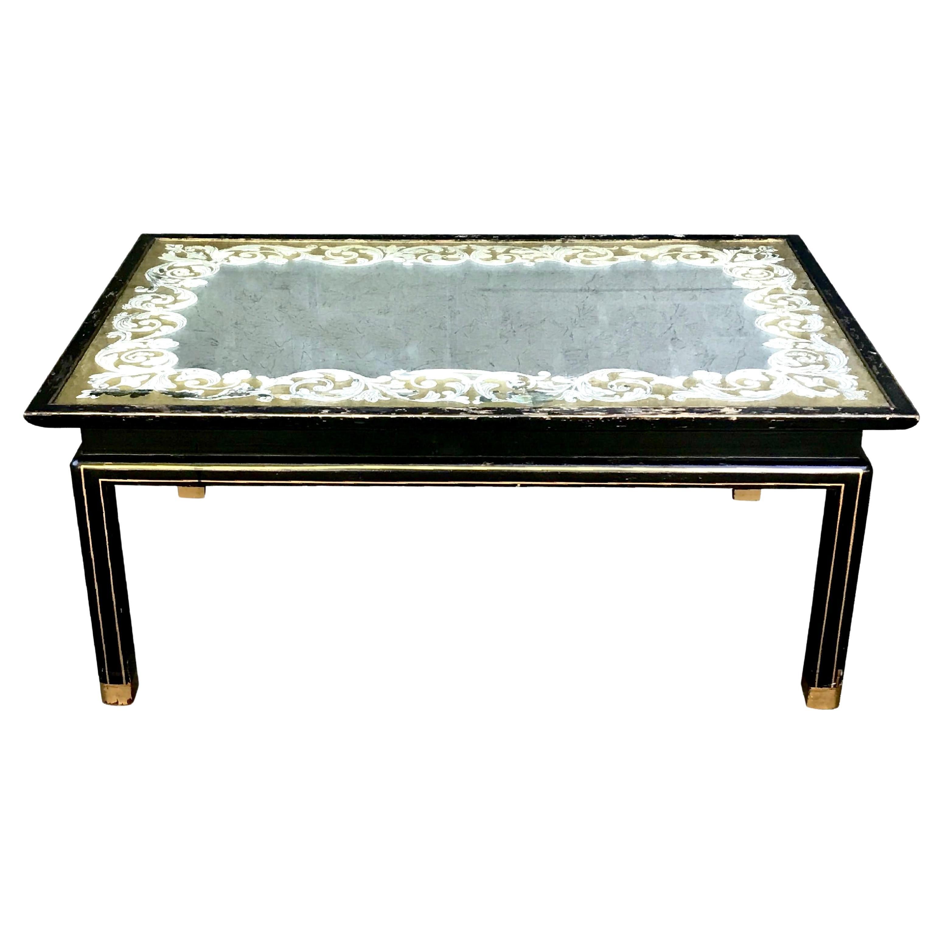 Table basse antique Baker Furniture Verre Égloméré Ébonisé, étiqueté en vente