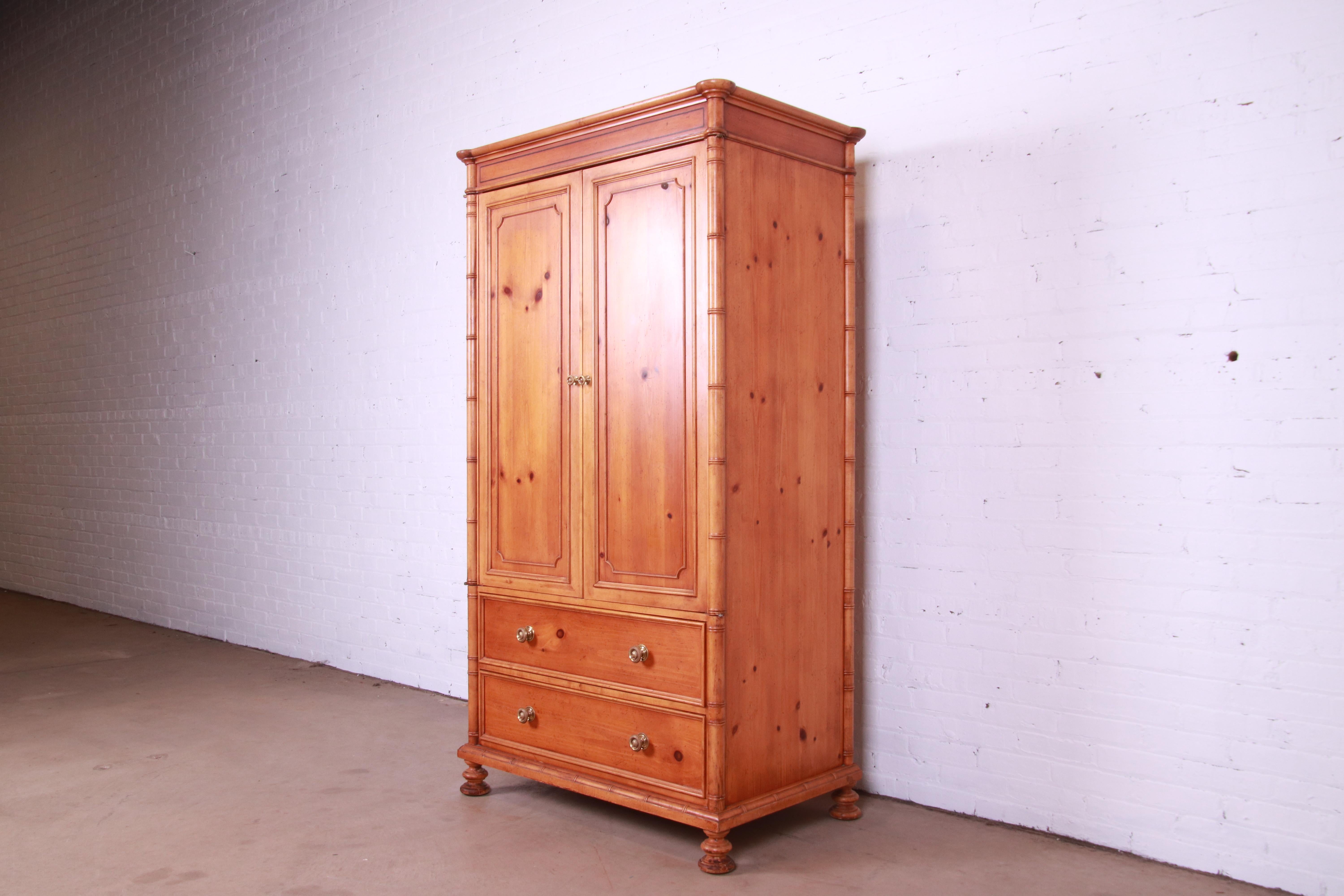 Baker Furniture Victorian Style Pine and Faux Bamboo Armoire or Linen Press In Good Condition In South Bend, IN