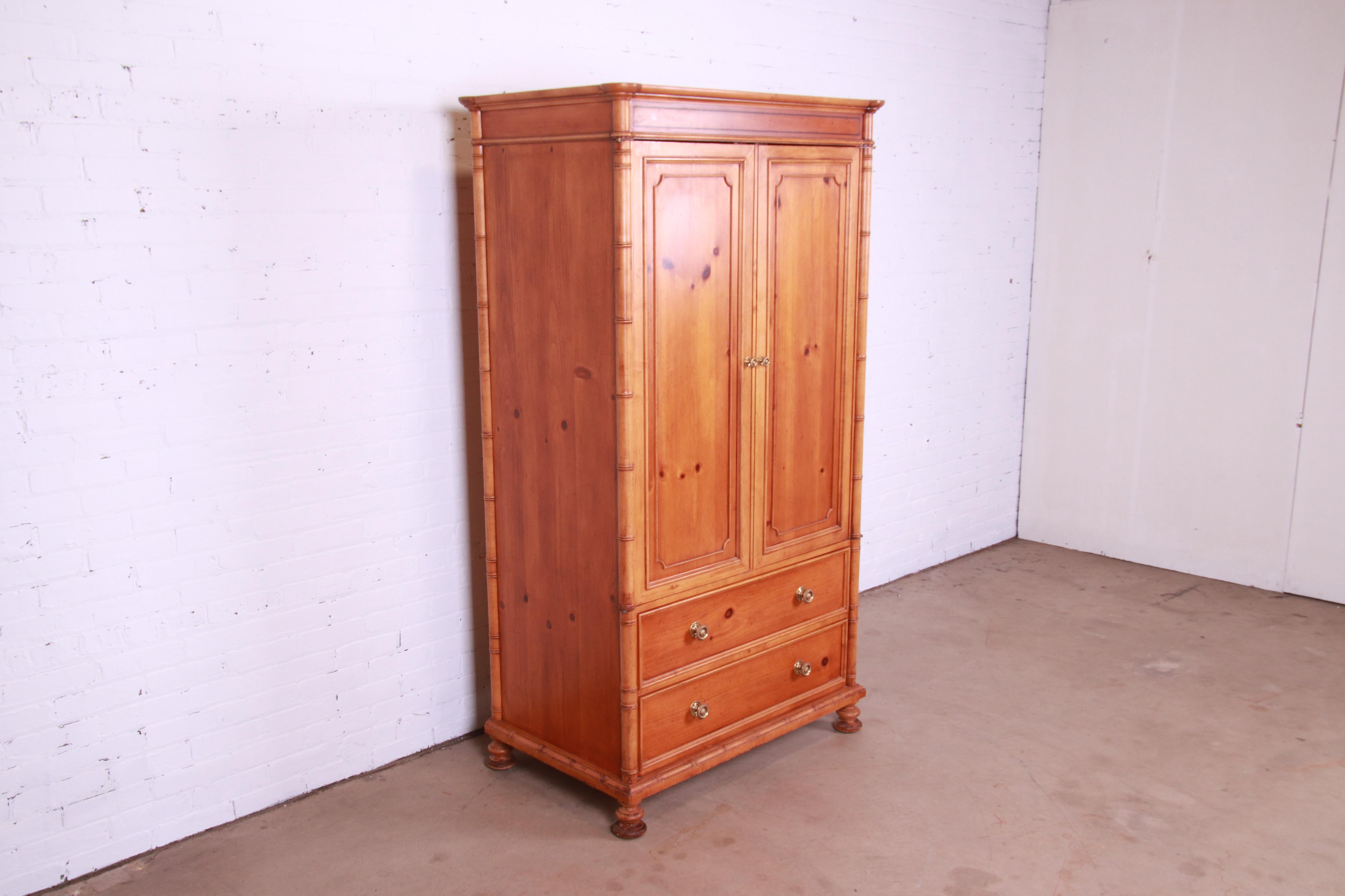 20th Century Baker Furniture Victorian Style Pine and Faux Bamboo Armoire or Linen Press