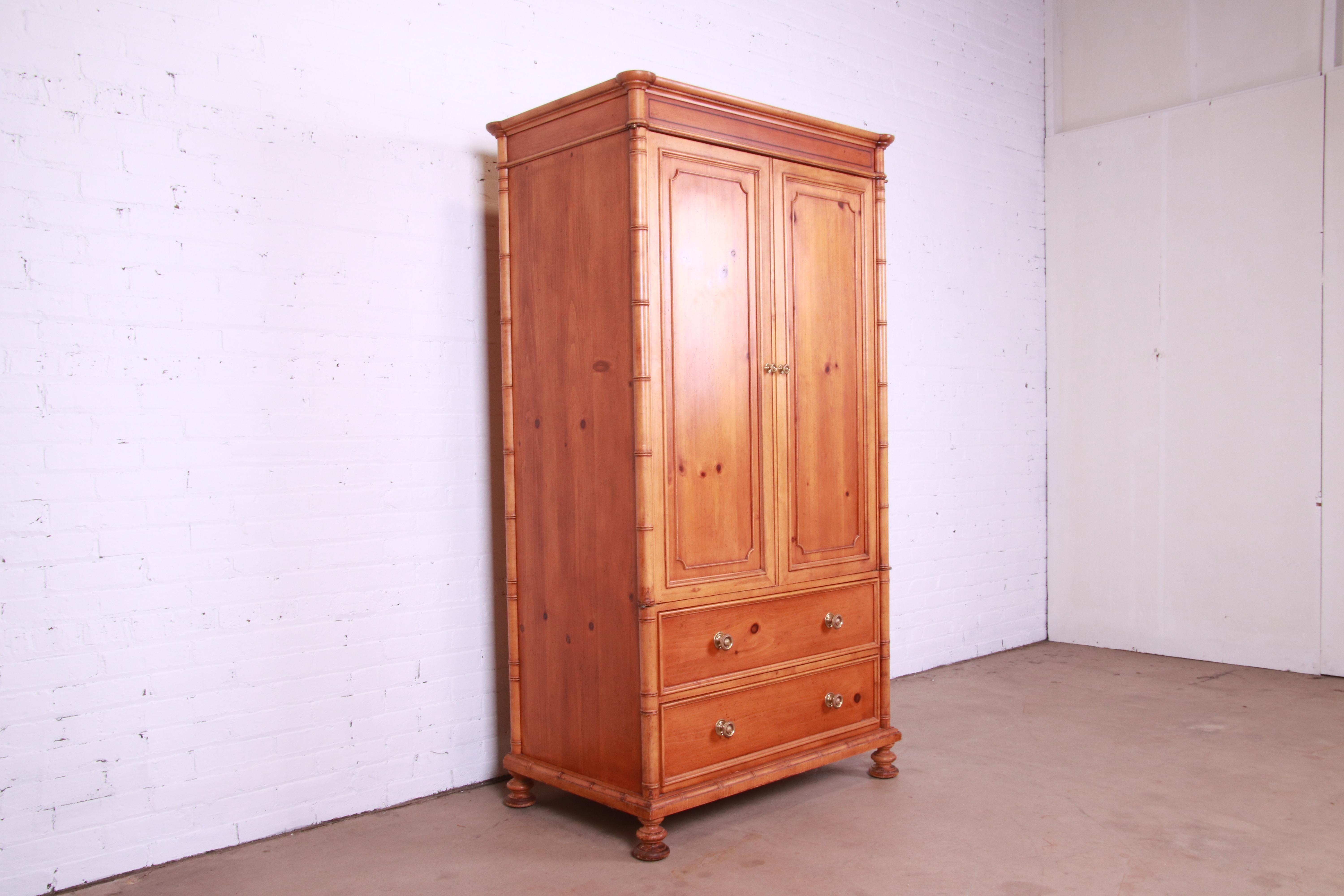 Brass Baker Furniture Victorian Style Pine and Faux Bamboo Armoire or Linen Press