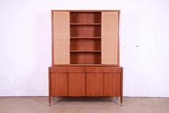 Baker Furniture Walnut and Woven Rattan Credenza With Bookcase Hutch Top, 1960s