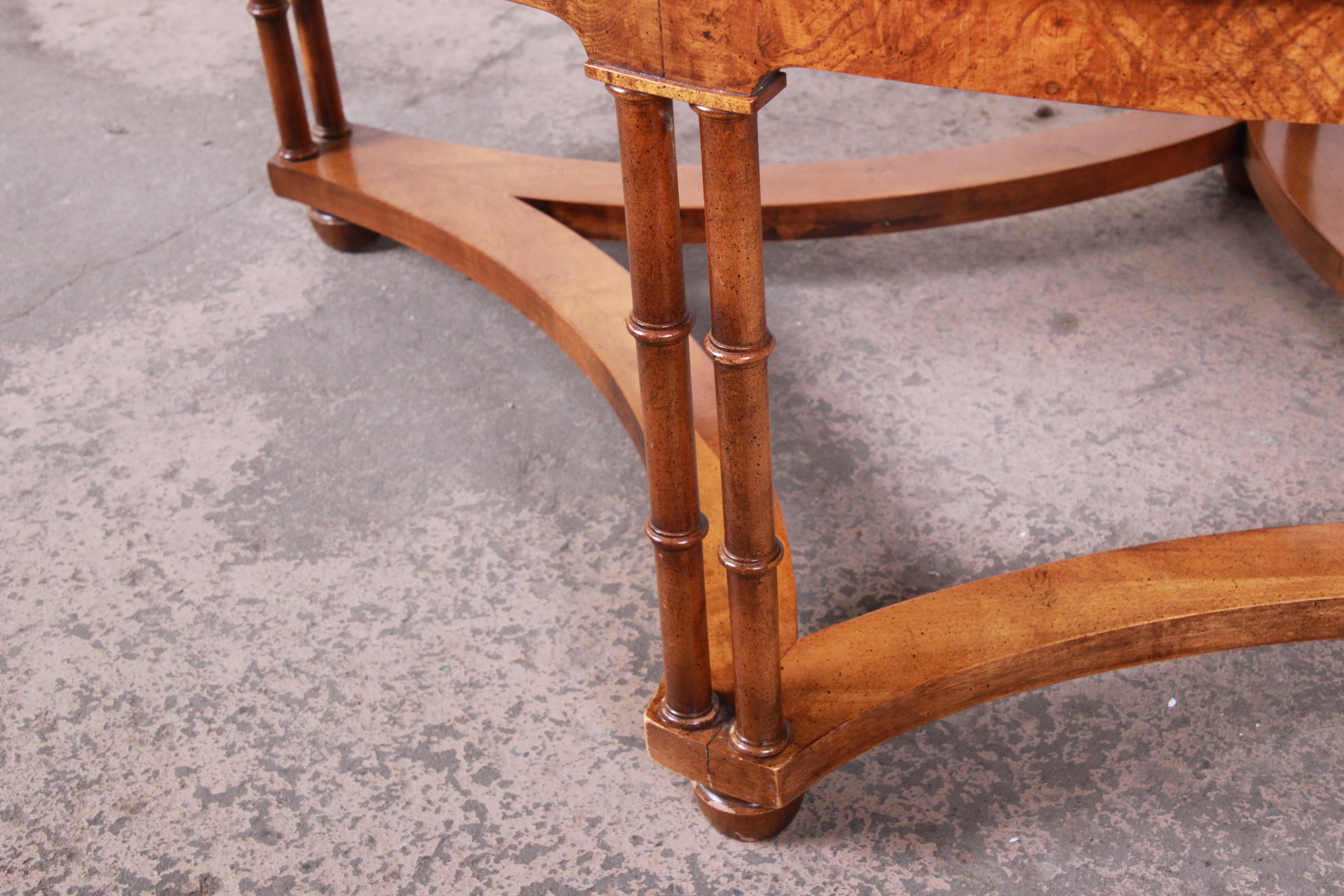 Mid-20th Century Baker Furniture Walnut, Burl, and Faux Bamboo Coffee Table, Newly Restored
