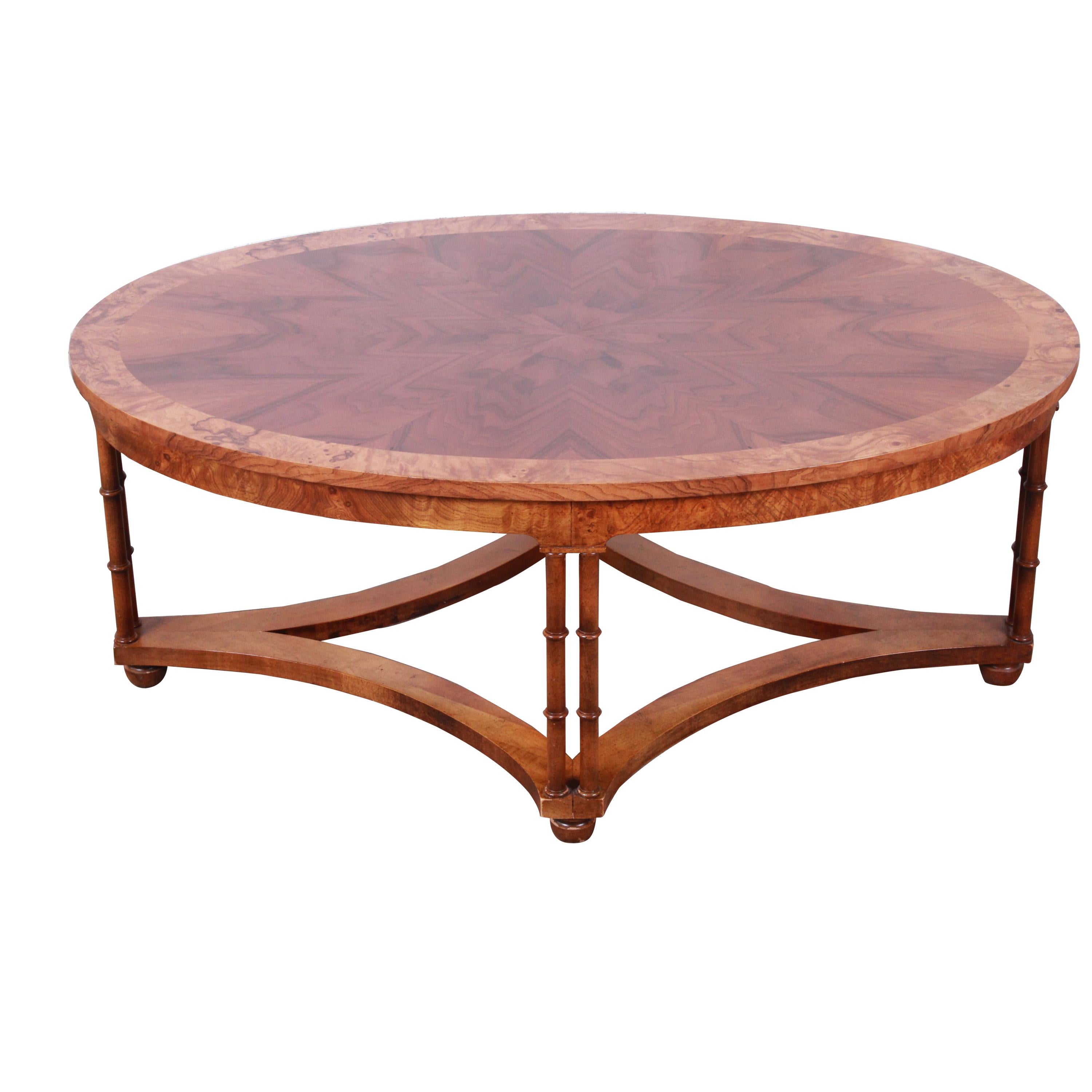 Baker Furniture Walnut, Burl, and Faux Bamboo Coffee Table, Newly Restored