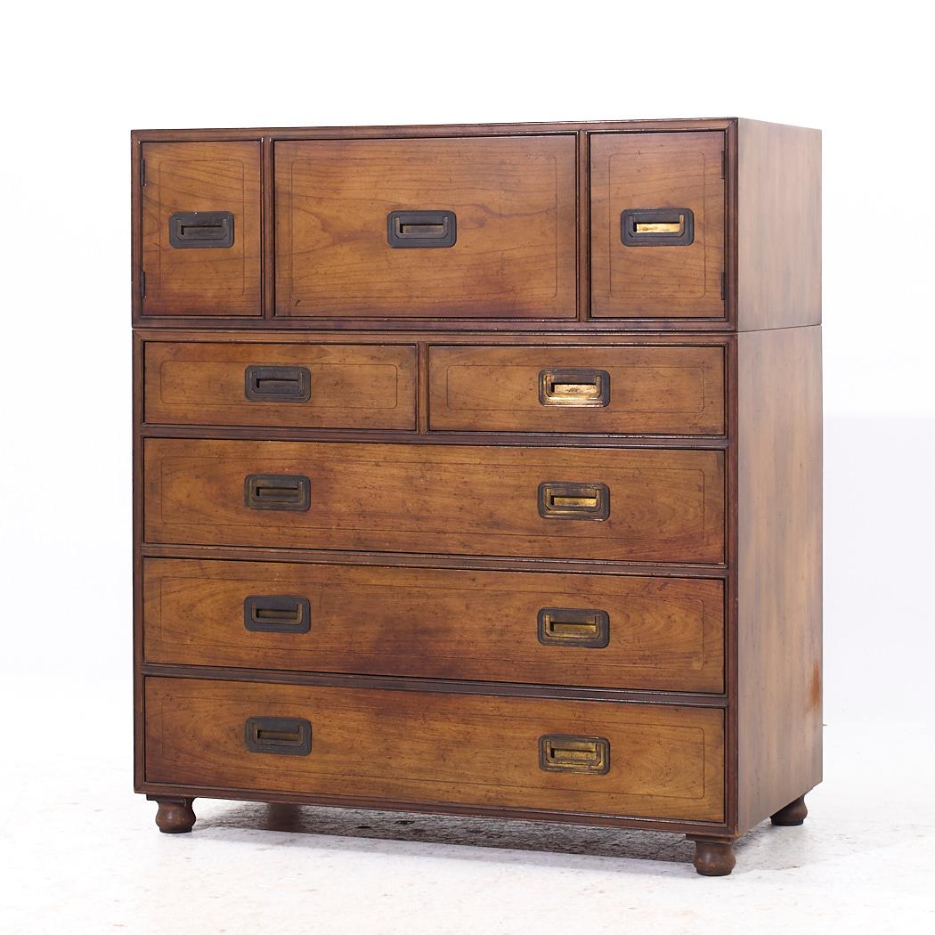 Modern Baker Furniture Walnut Campaign Highboy Dresser For Sale