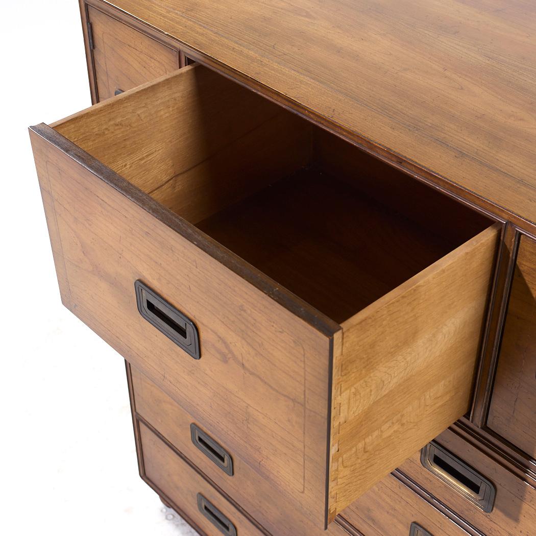 Contemporary Baker Furniture Walnut Campaign Highboy Dresser For Sale