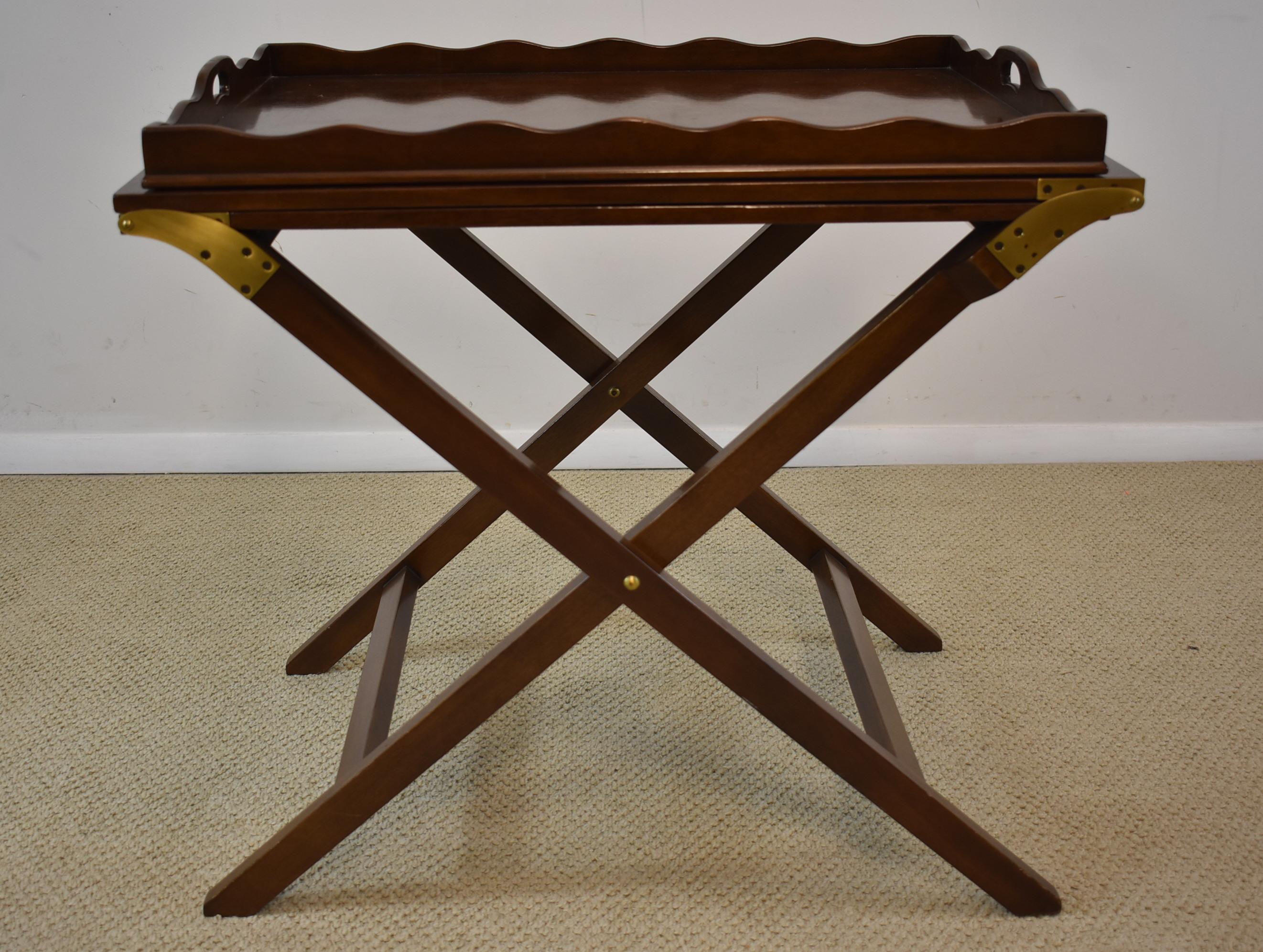 Baker Furniture walnut butlers party tray serving table. Solid brass mounts. Removable tray.