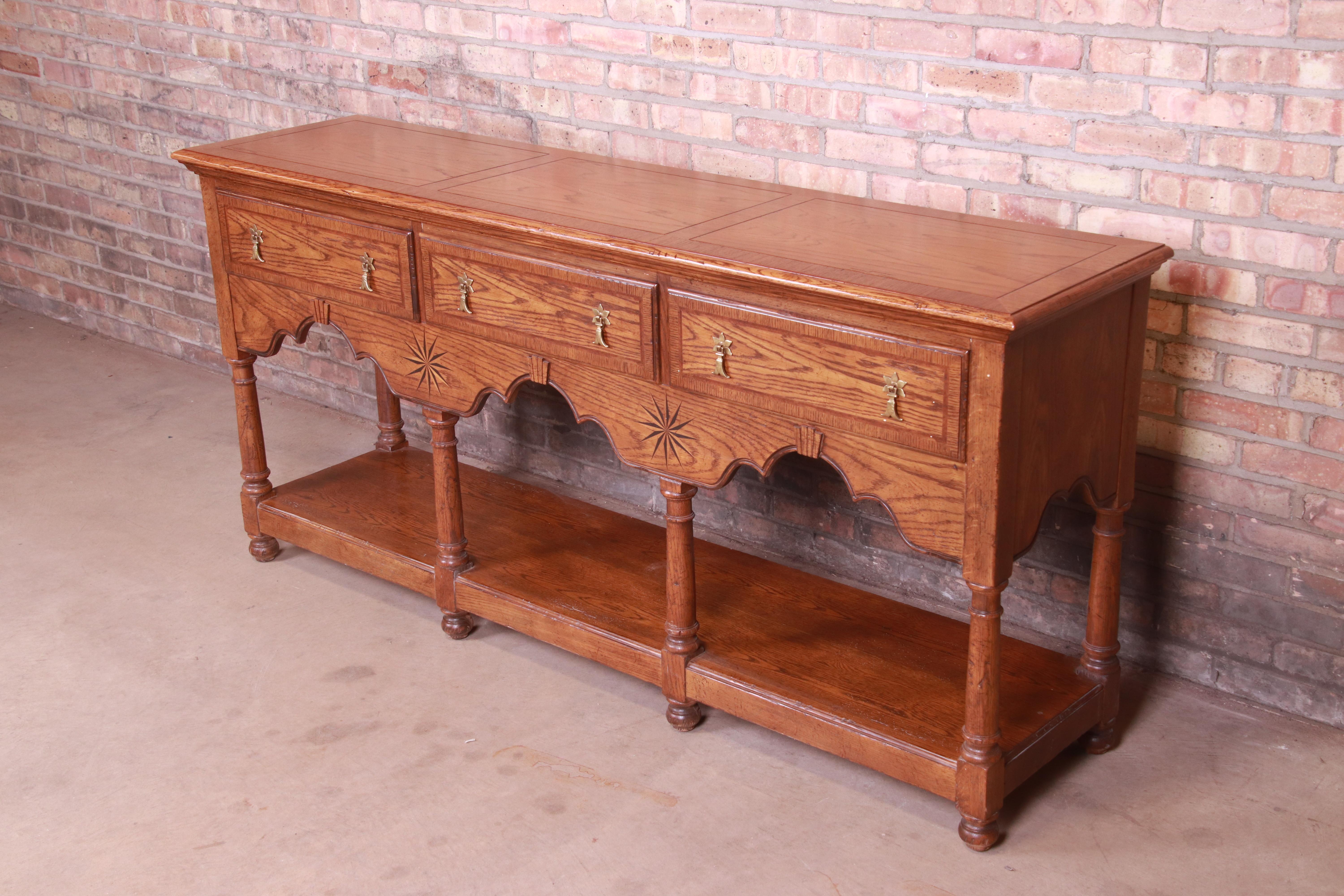 British Colonial Baker Furniture Welsh Inlaid Oak Sideboard Credenza