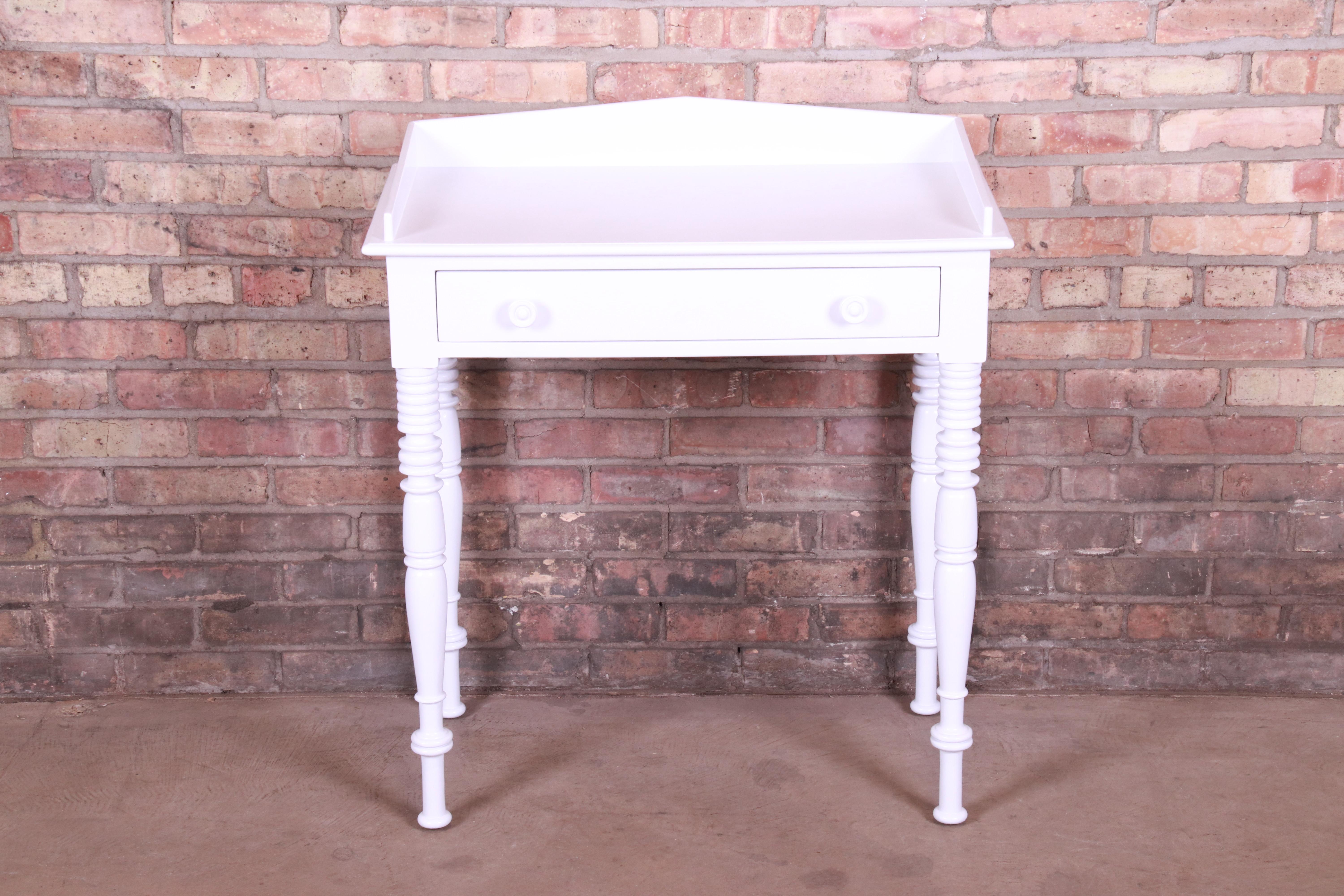 British Colonial Baker Furniture White Lacquered Small Writing Desk or Entry Table, Refinished