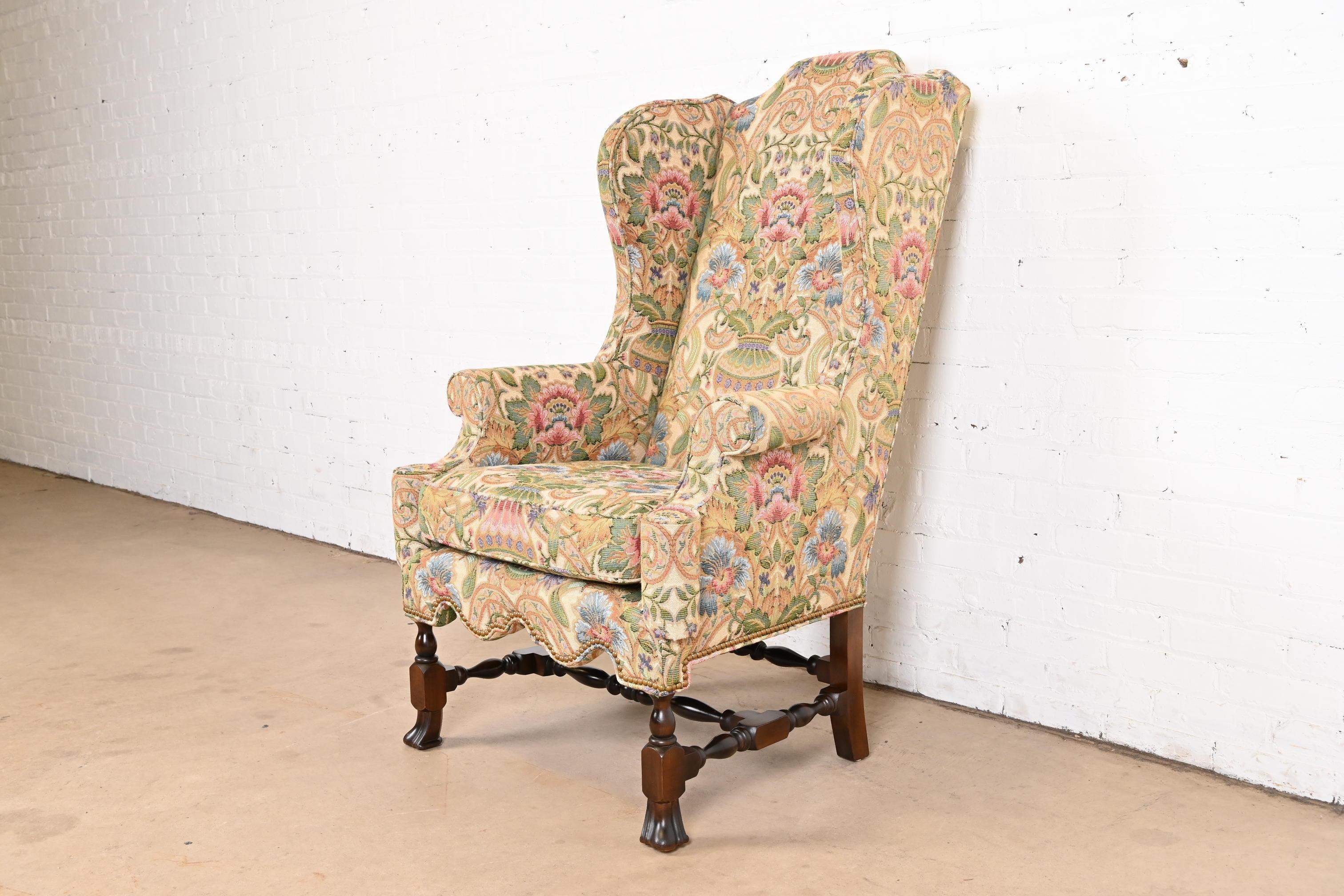 Baker Furniture William and Mary Upholstered Wingback Library Chair In Good Condition In South Bend, IN