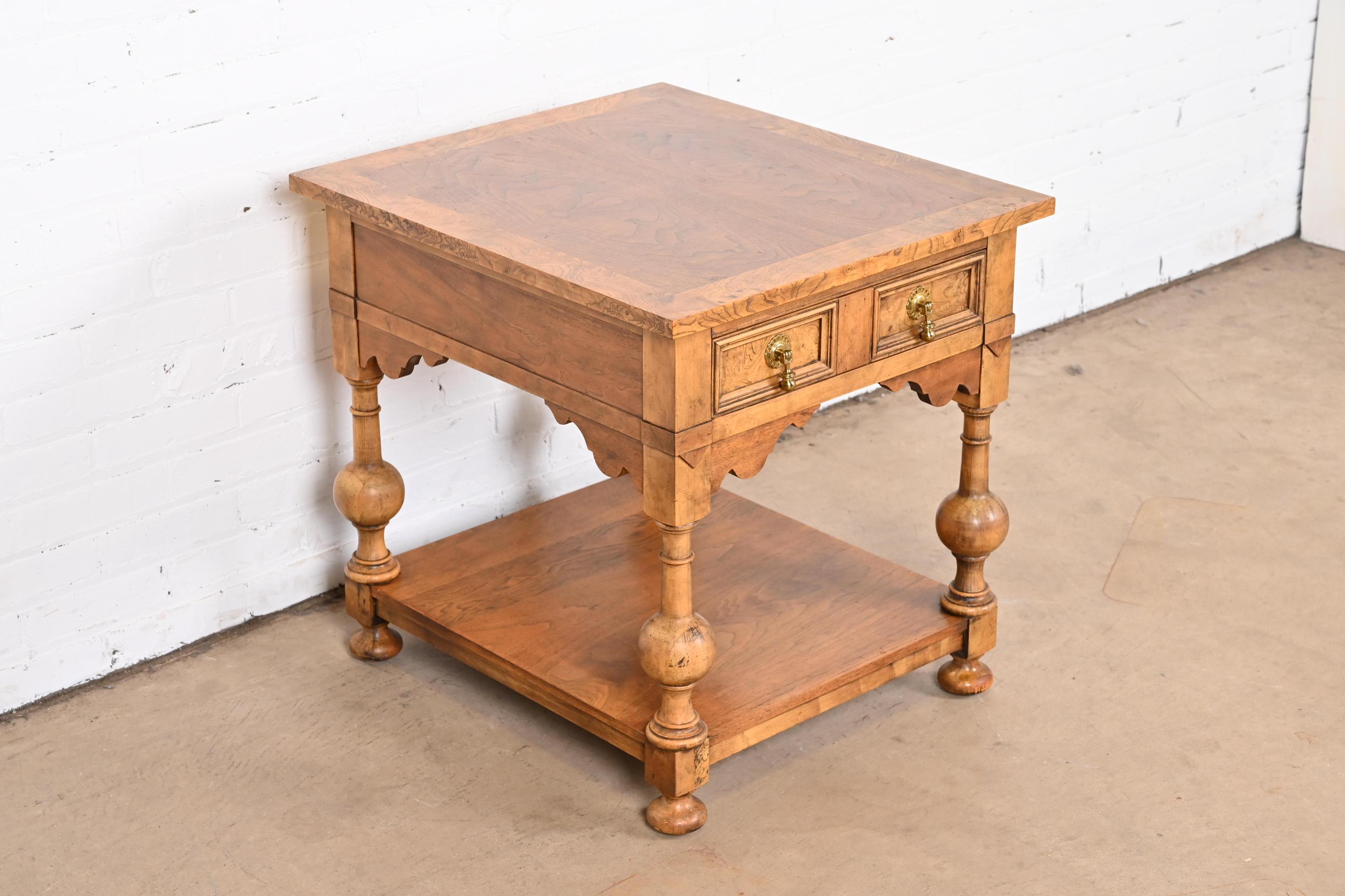 American Baker Furniture William and Mary Walnut and Burl Wood Tea Table For Sale
