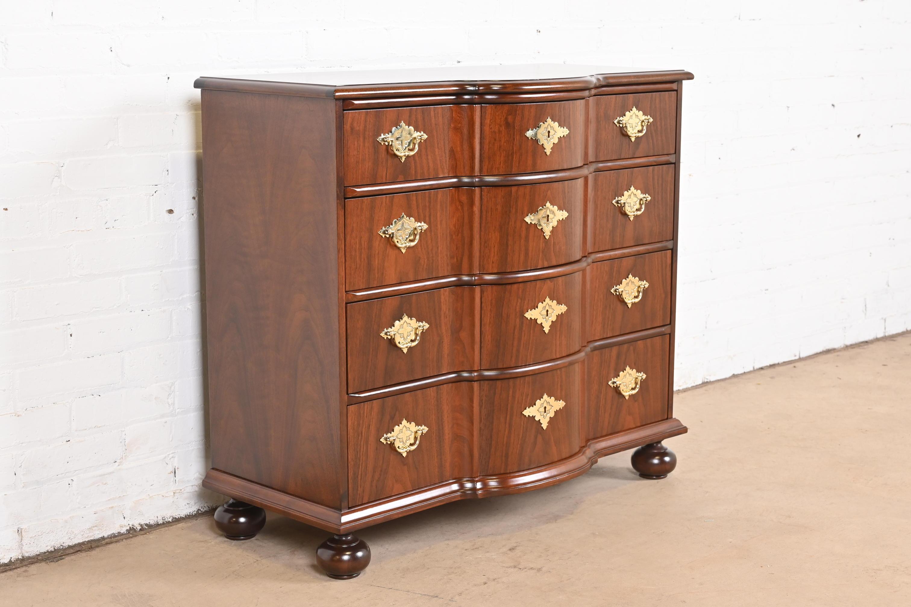 Late 20th Century Baker Furniture William & Mary Walnut Chest of Drawers, Newly Refinished For Sale