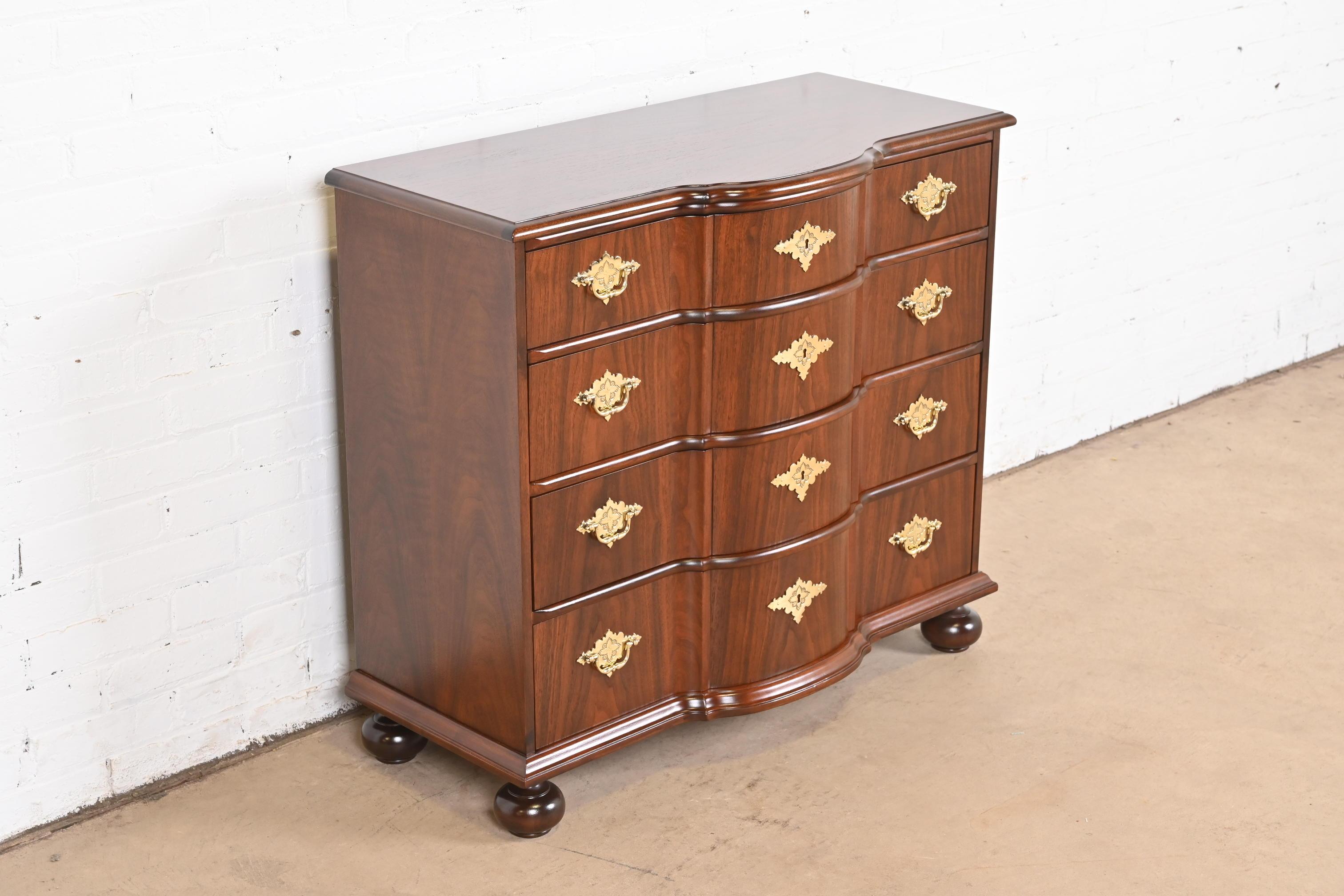 Brass Baker Furniture William & Mary Walnut Chest of Drawers, Newly Refinished For Sale