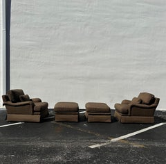 Baker Furniture XL Down English Houndstooth Lounge Chairs Ottoman, Set of 4