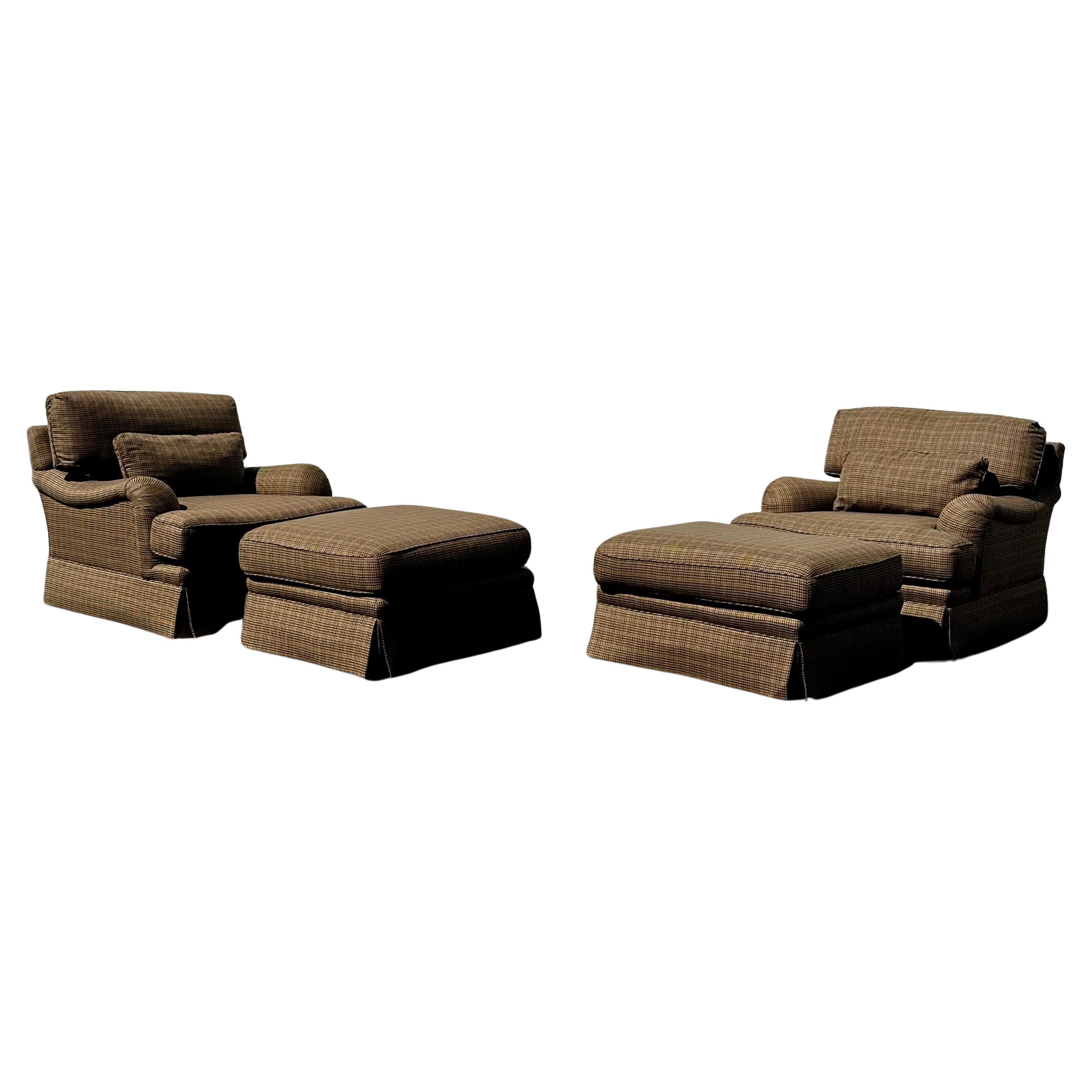 Baker Furniture XL English Houndstooth Club Chairs Ottoman, Set of 4