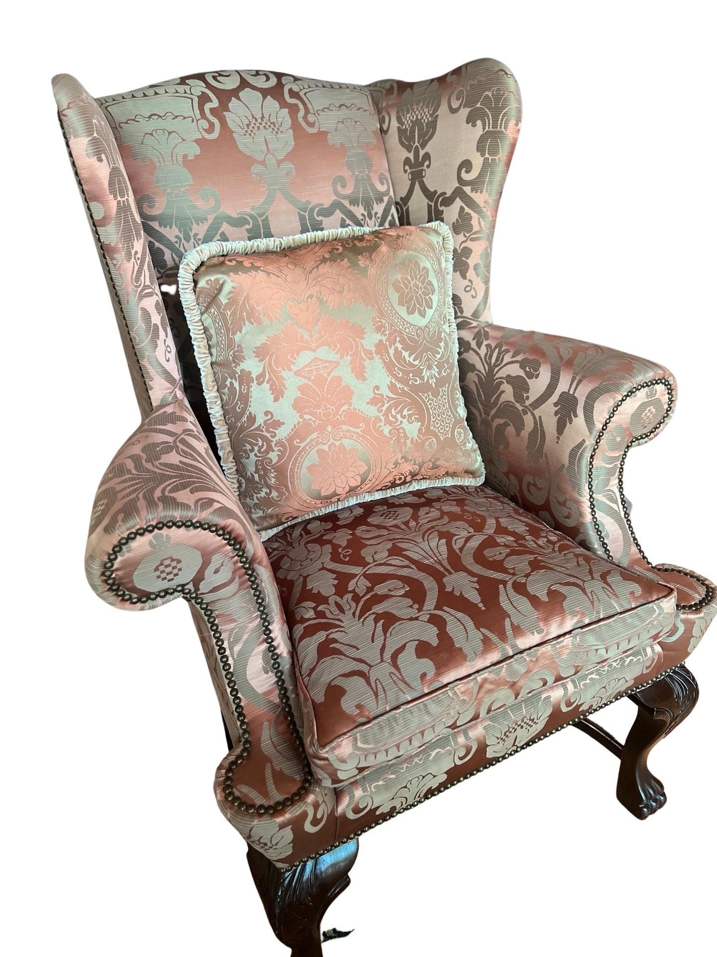 Baker George II Style Custom Finely Upholstered Wingback Chair In Good Condition For Sale In Atlanta, GA