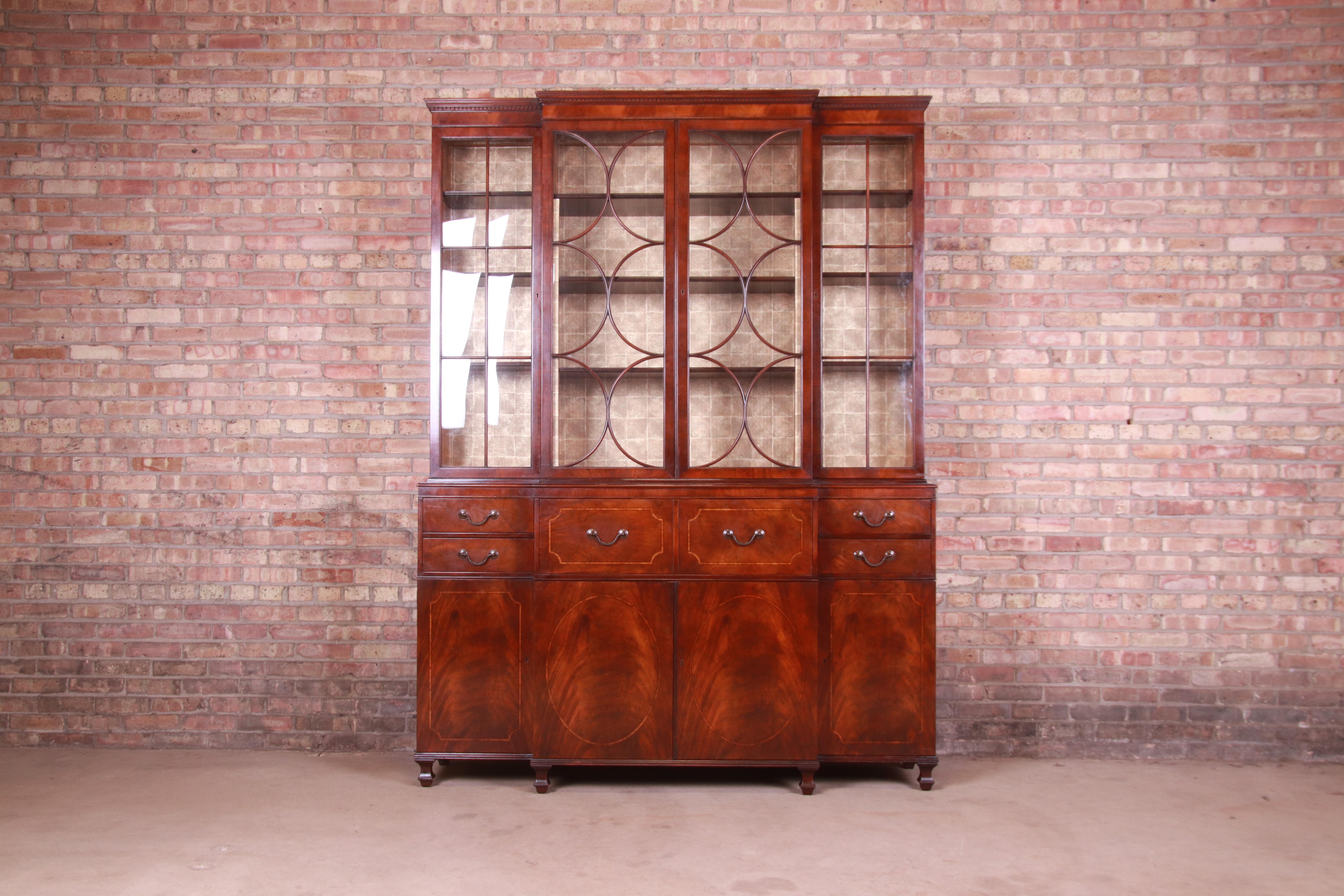 American Baker Georgian Mahogany Breakfront Bookcase Cabinet With Secretary Desk, 1940s