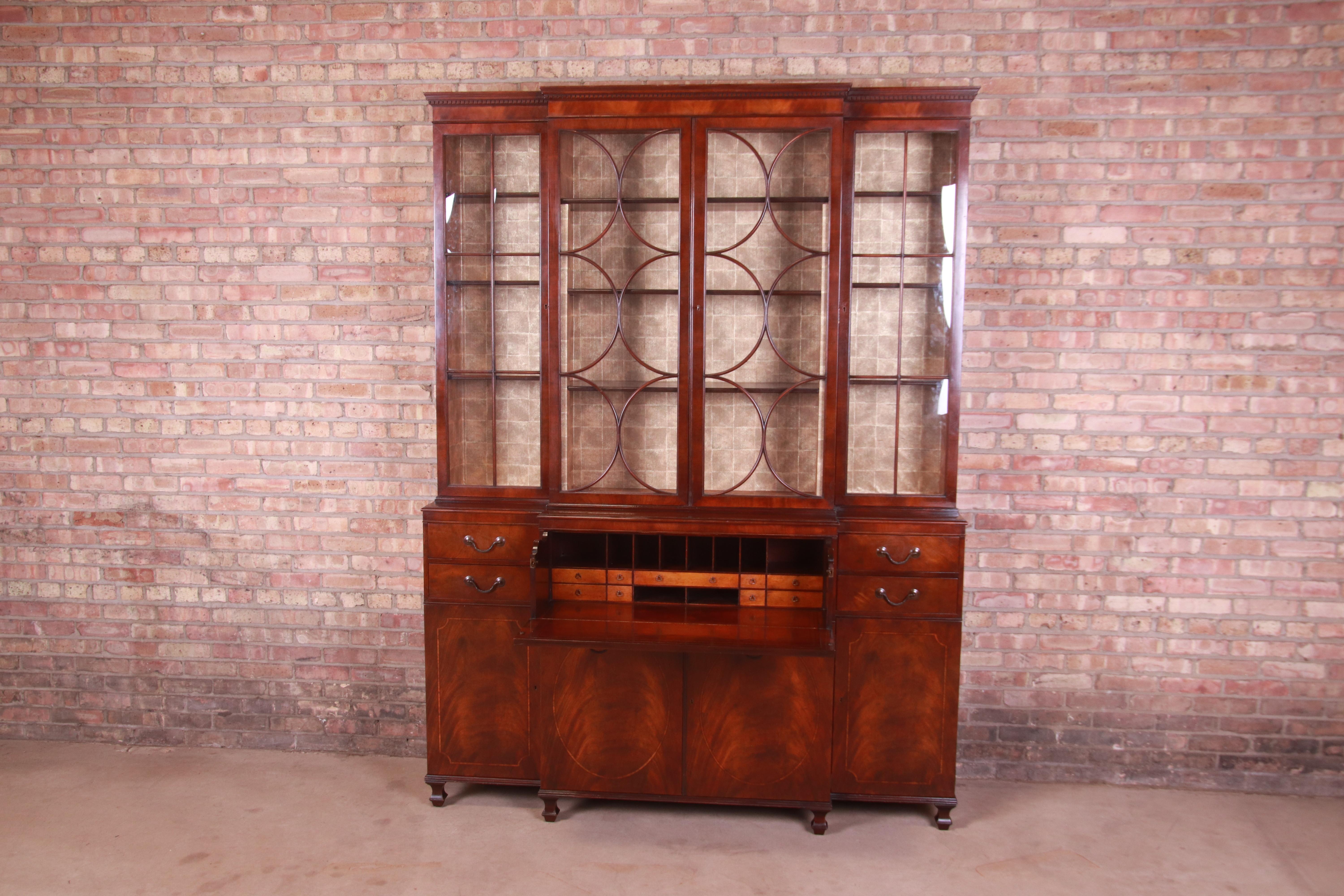 Baker Georgian Mahogany Breakfront Bookcase Cabinet With Secretary Desk, 1940s 1