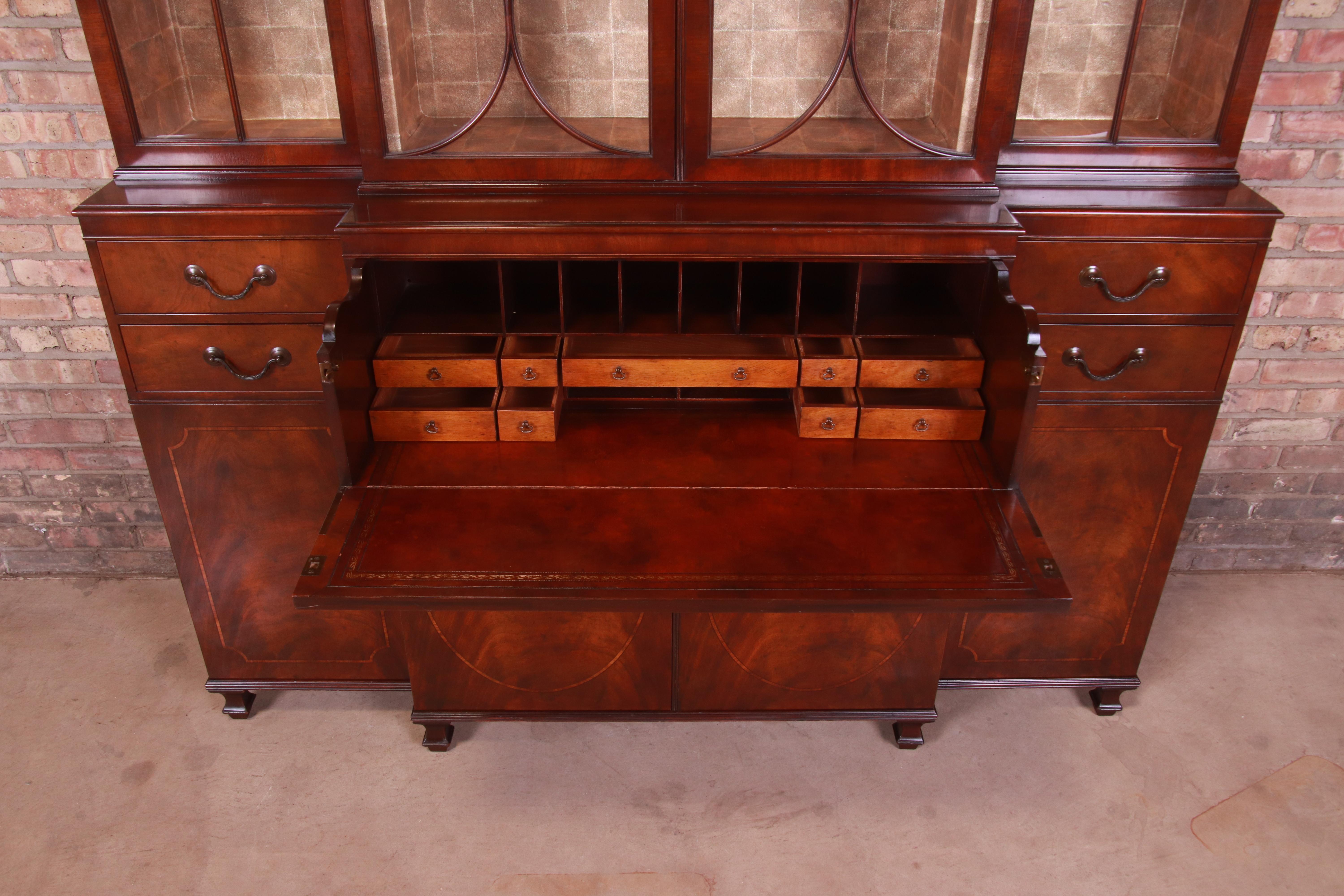 Baker Georgian Mahogany Breakfront Bookcase Cabinet With Secretary Desk, 1940s 2