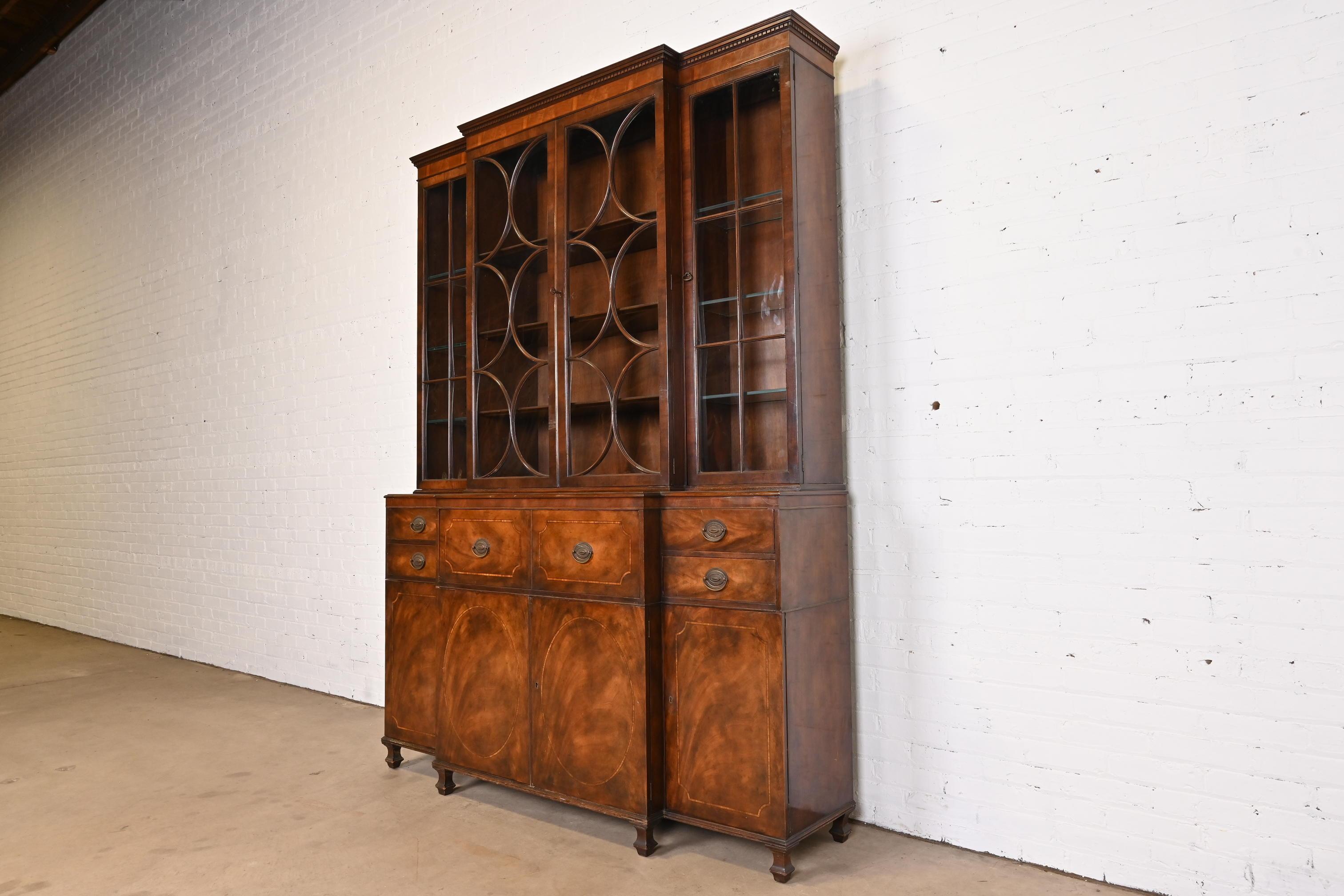 Baker Georgian Mahogany Breakfront Bookcase Cabinet with Secretary Desk In Good Condition In South Bend, IN