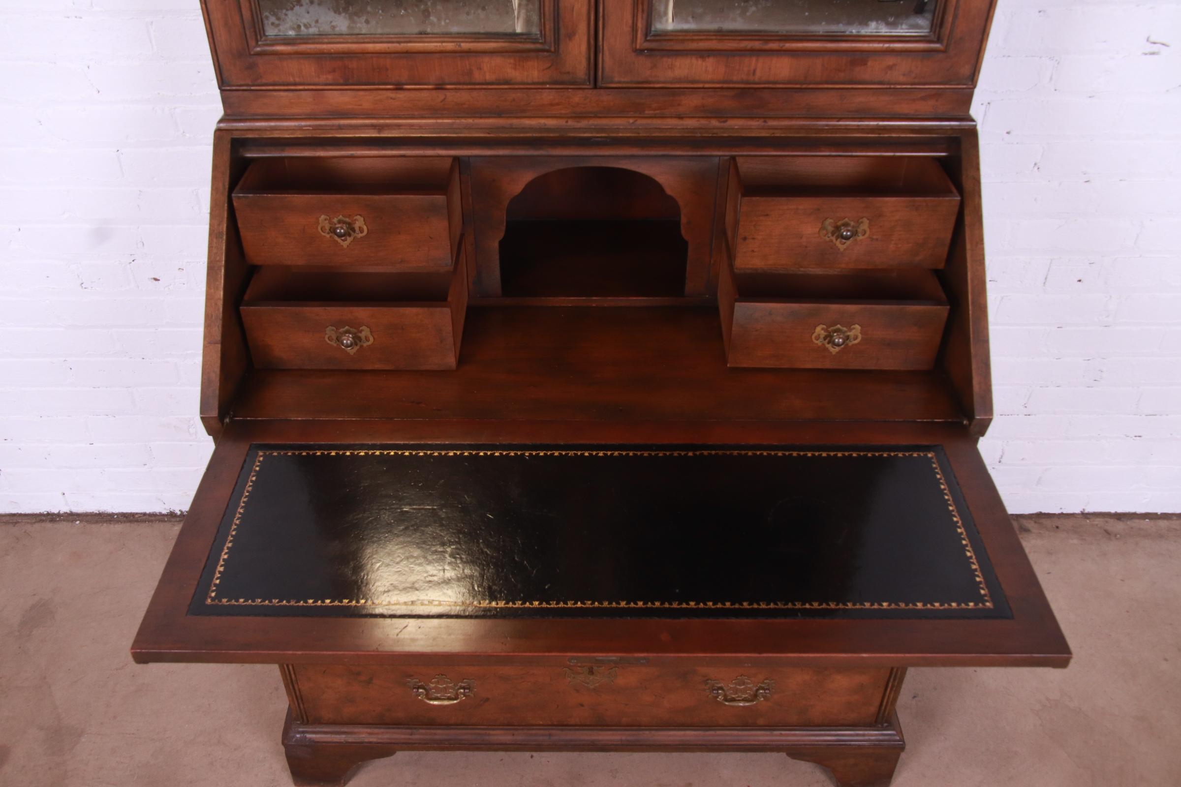 Baker Georgian Walnut Drop Front Secretary Desk with Mirrored Bookcase Hutch For Sale 2