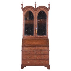 Baker Georgian Walnut Drop Front Secretary Desk with Mirrored Bookcase Hutch