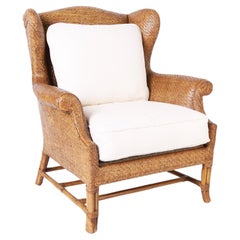 Baker Grasscloth and Bamboo Wingback Armchair