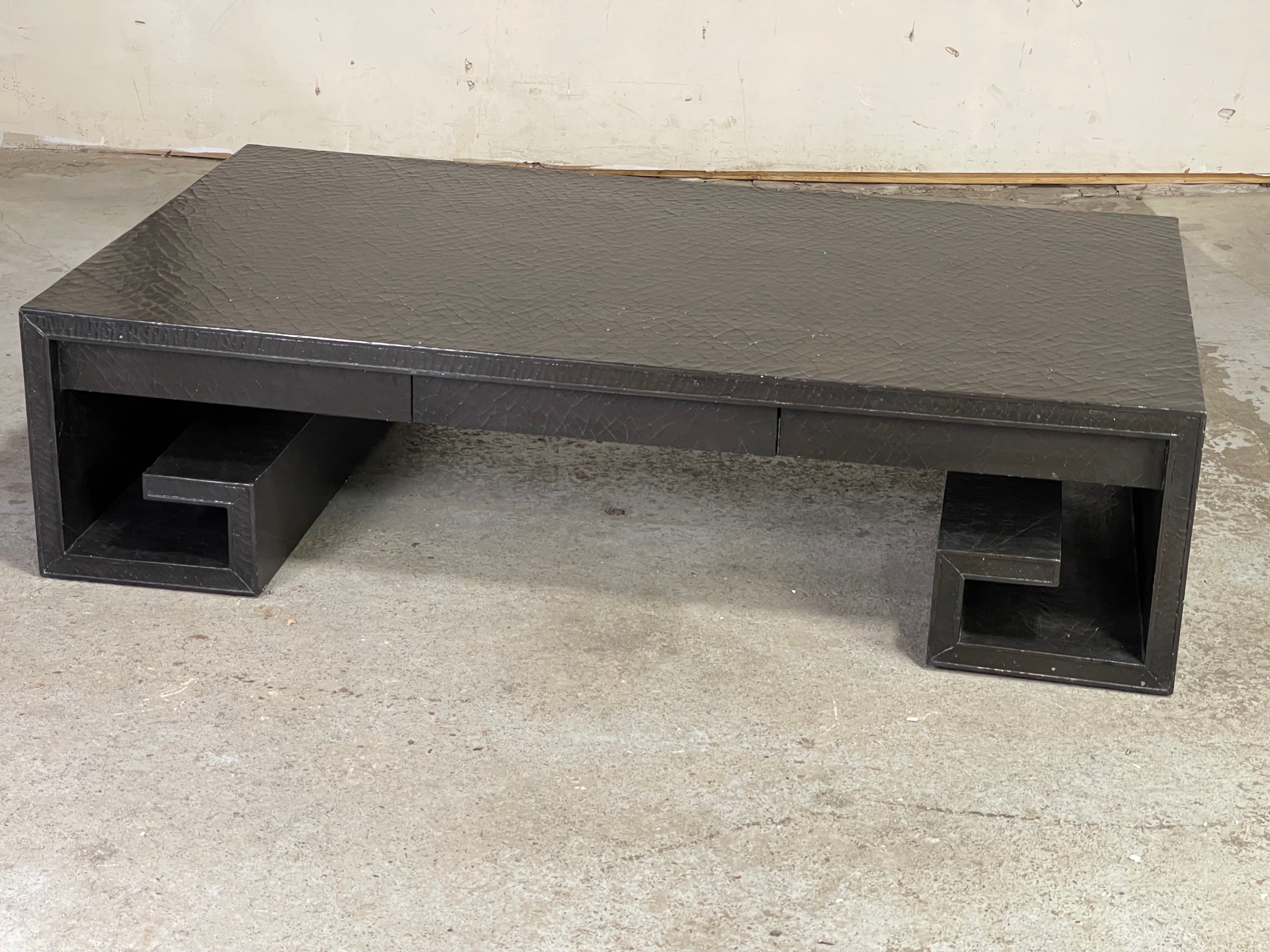 Large Baker Greek Key coffee table in crackled leather. Original condition from the 1970’s with lots of age showing but displaying wonderfully. Please check the video and pics for the signs of wear throughout. Very cool statement piece with a lot of