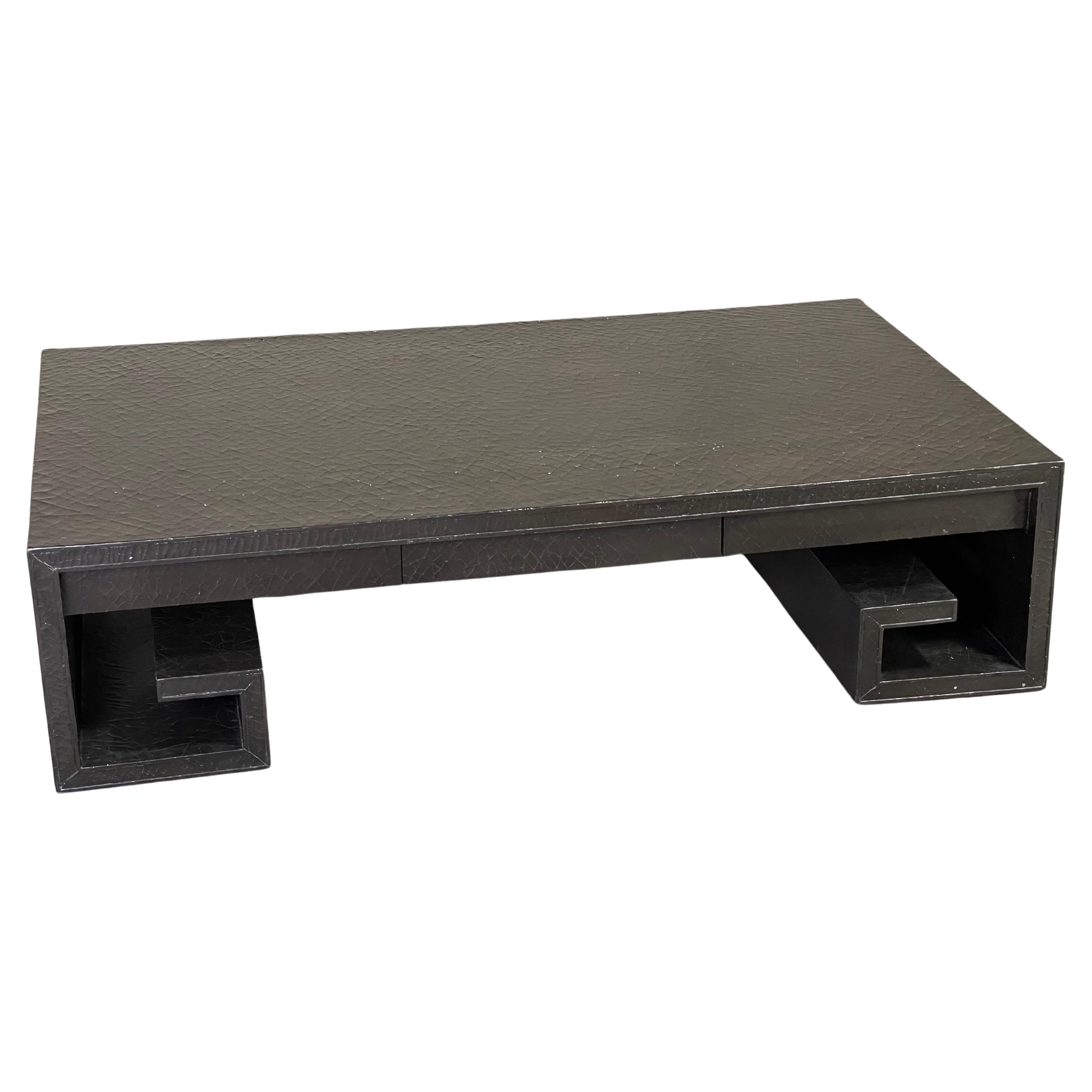 Baker Greek Key Scroll Style Leather Coffee Table