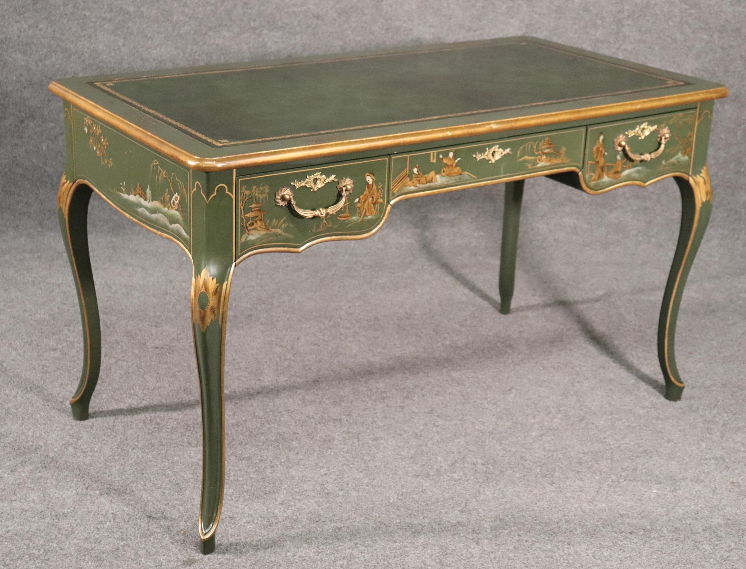 Baker Green and Dark Green Leather Top Chinoiserie French Louis XV Writing Desk 5