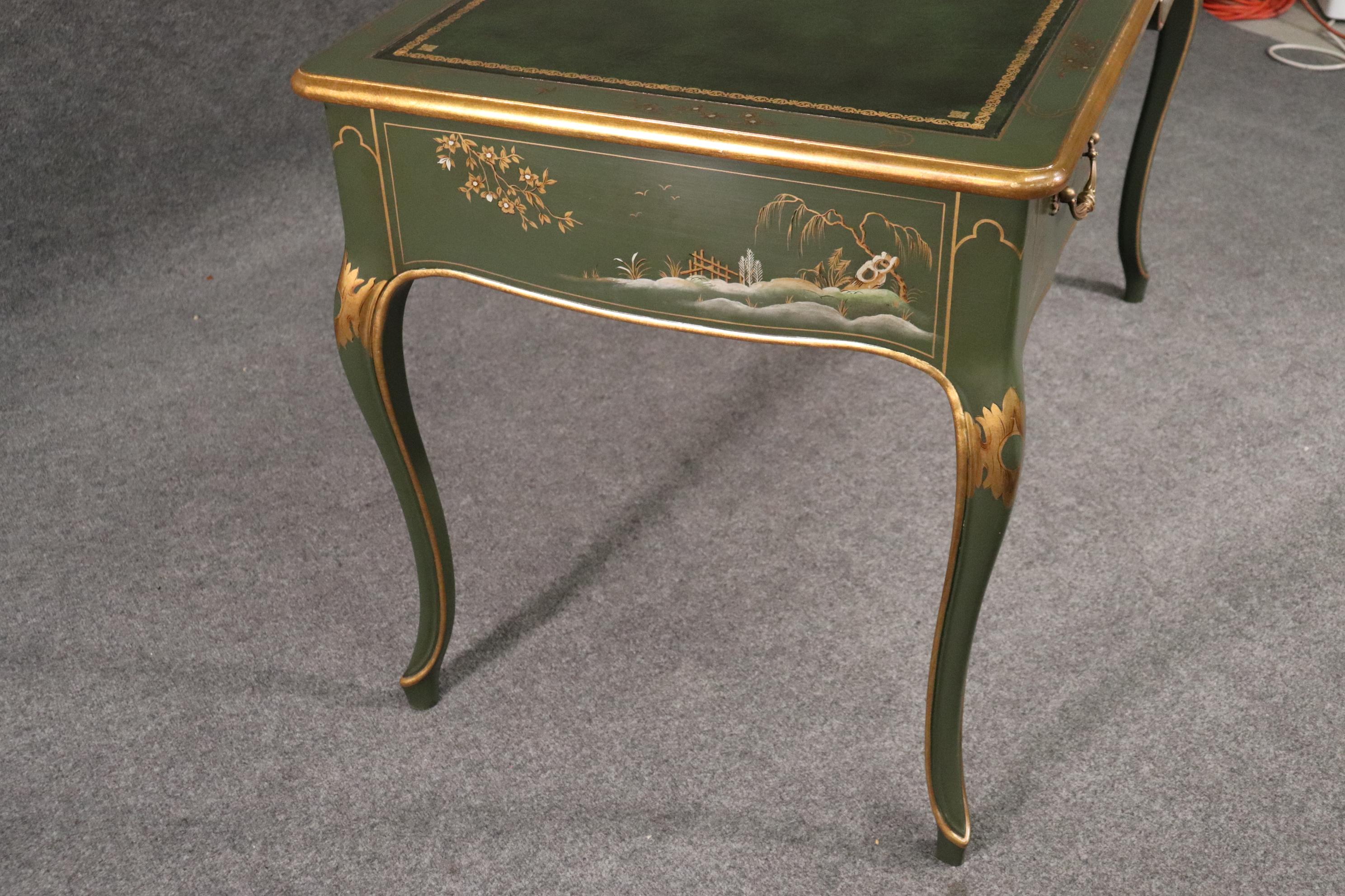 Baker Green and Dark Green Leather Top Chinoiserie French Louis XV Writing Desk 6