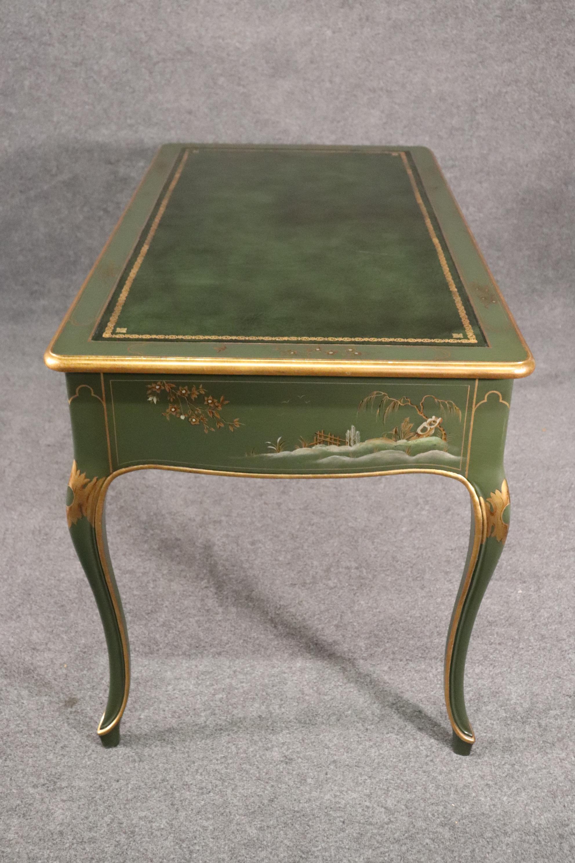 Baker Green and Dark Green Leather Top Chinoiserie French Louis XV Writing Desk 7