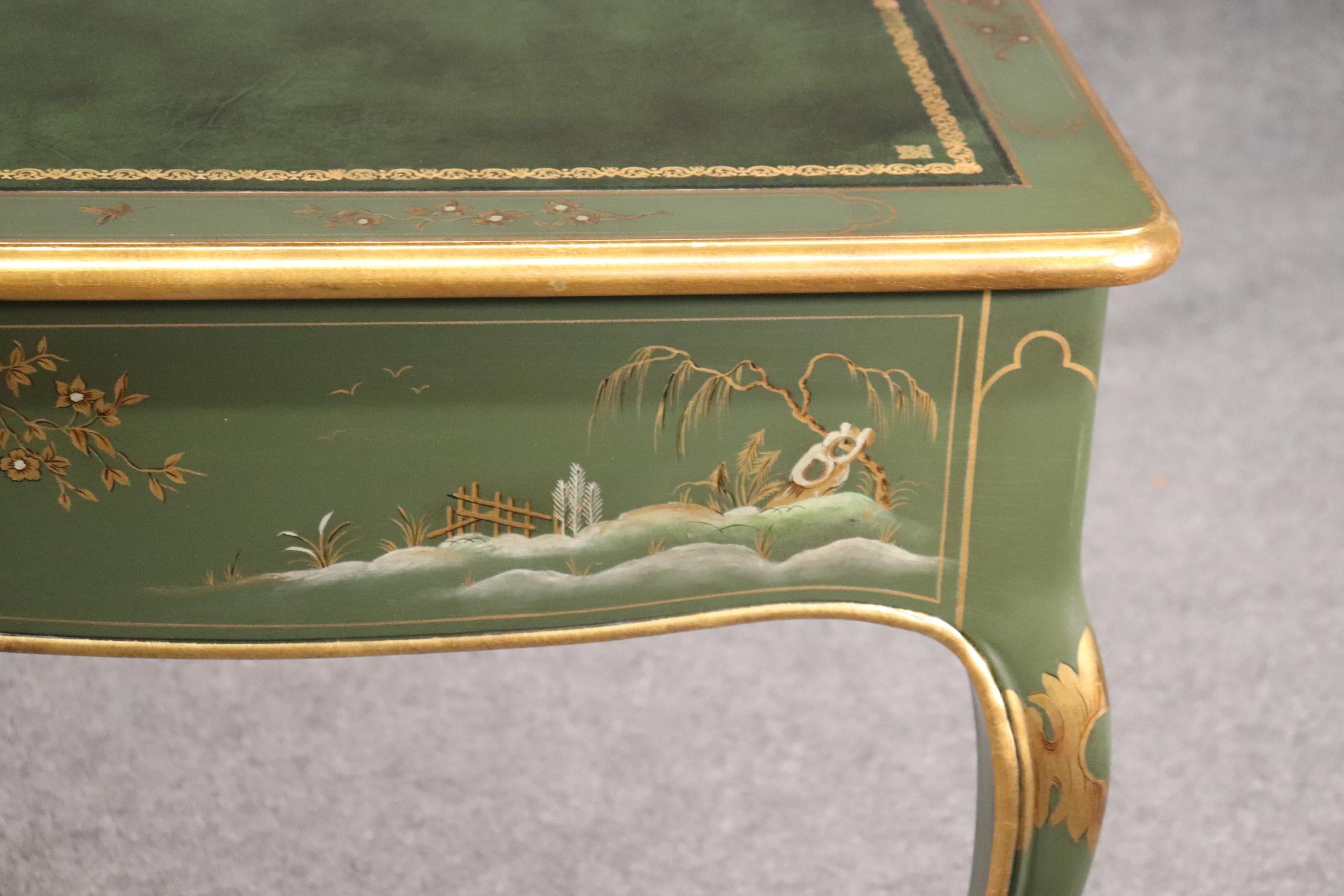 Baker Green and Dark Green Leather Top Chinoiserie French Louis XV Writing Desk 9