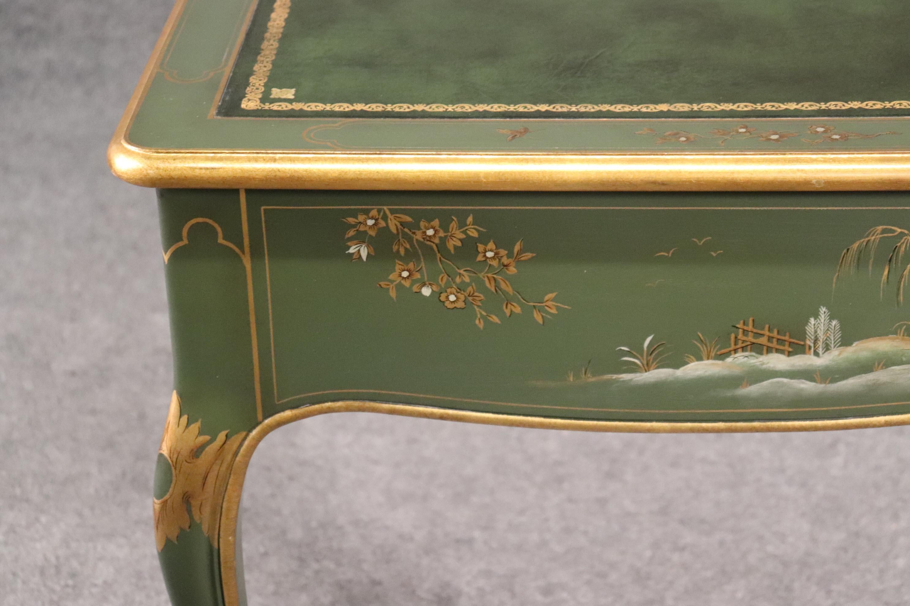 Baker Green and Dark Green Leather Top Chinoiserie French Louis XV Writing Desk 10