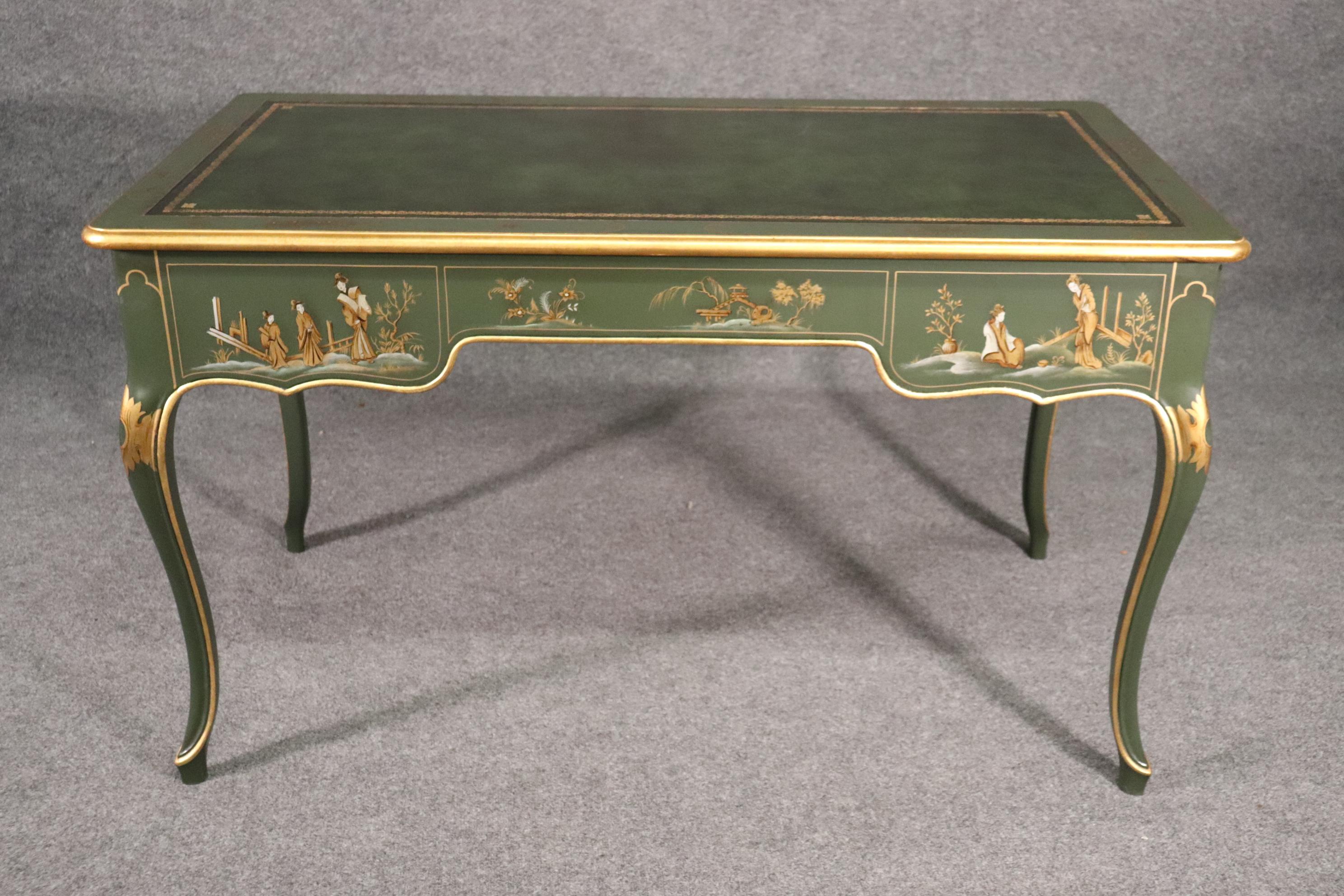Baker Green and Dark Green Leather Top Chinoiserie French Louis XV Writing Desk 11