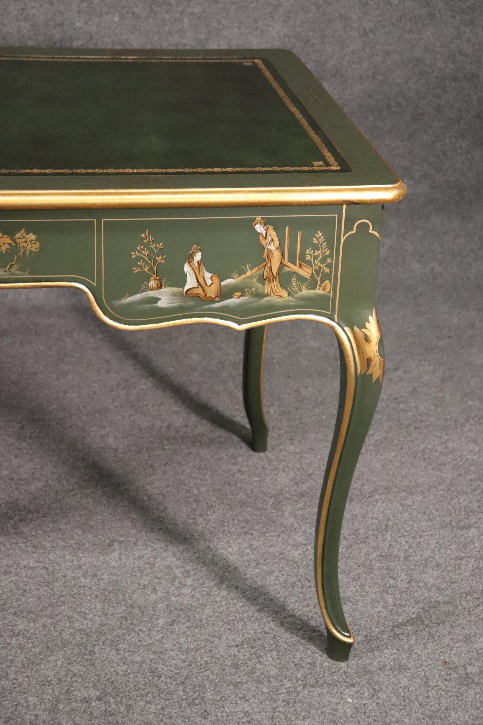 Baker Green and Dark Green Leather Top Chinoiserie French Louis XV Writing Desk 12