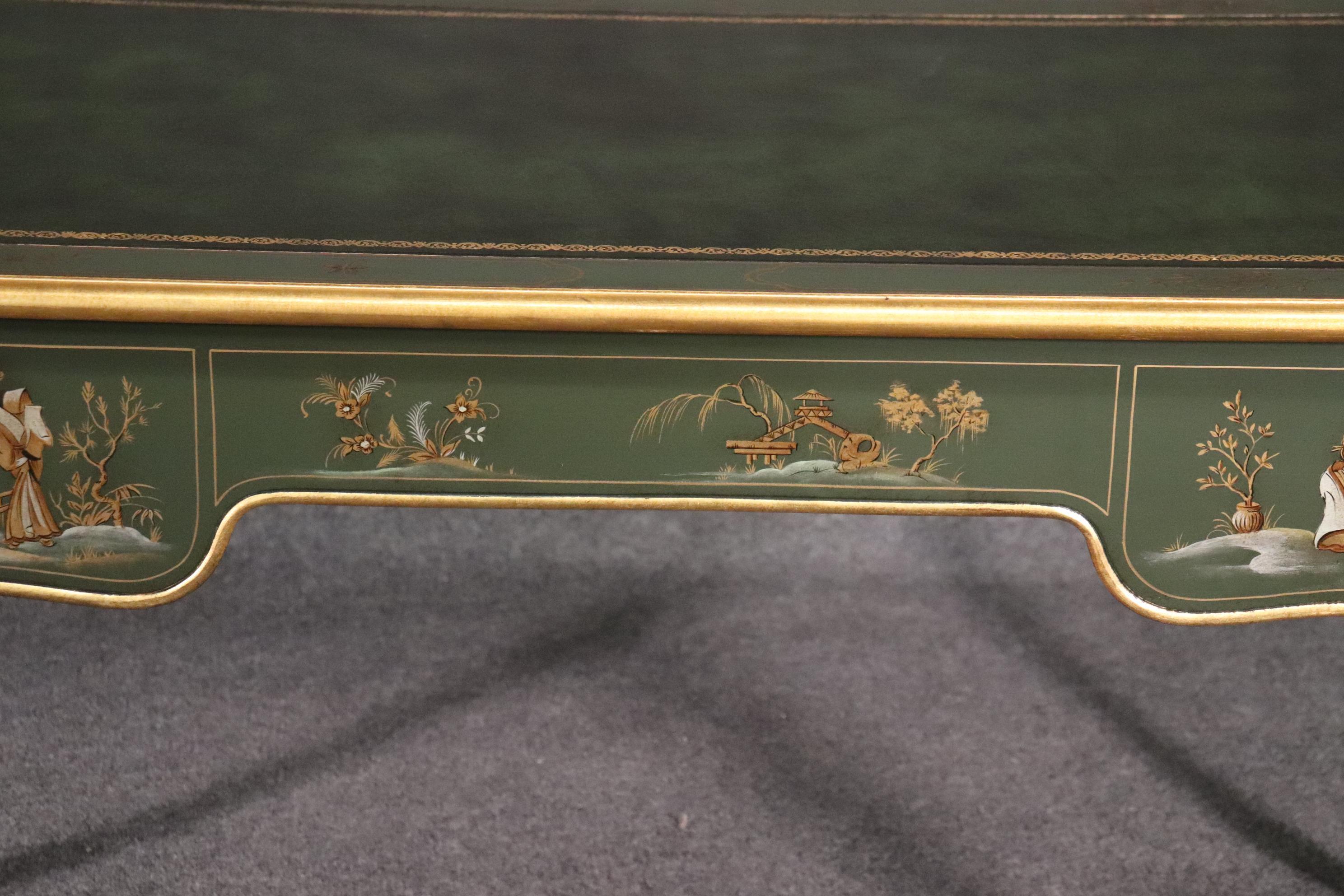 Baker Green and Dark Green Leather Top Chinoiserie French Louis XV Writing Desk 13